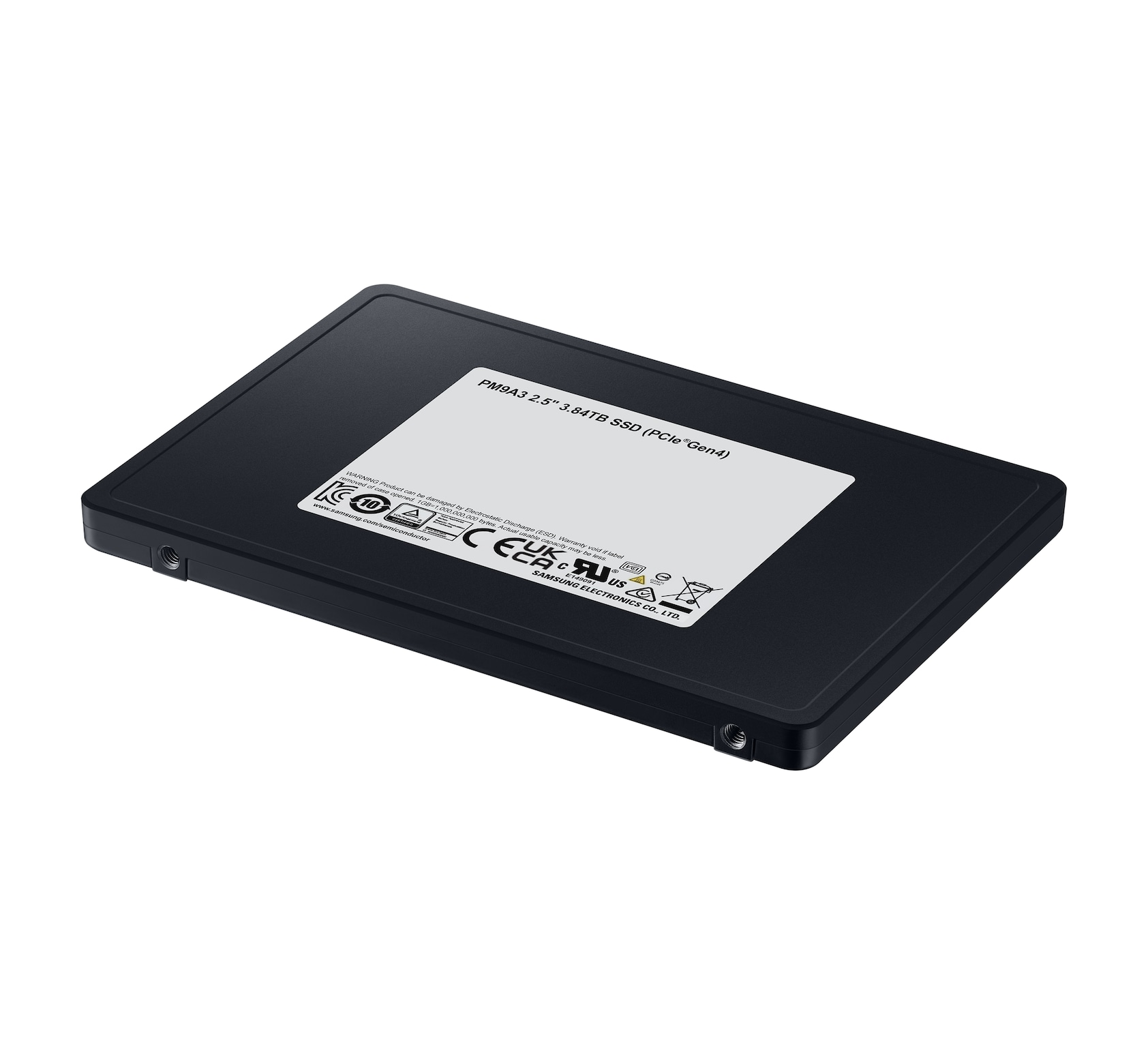 Schwarze 2,5-Zoll-SSD mit 3,84 TB, Modell PM9A3, PCIe Gen4.