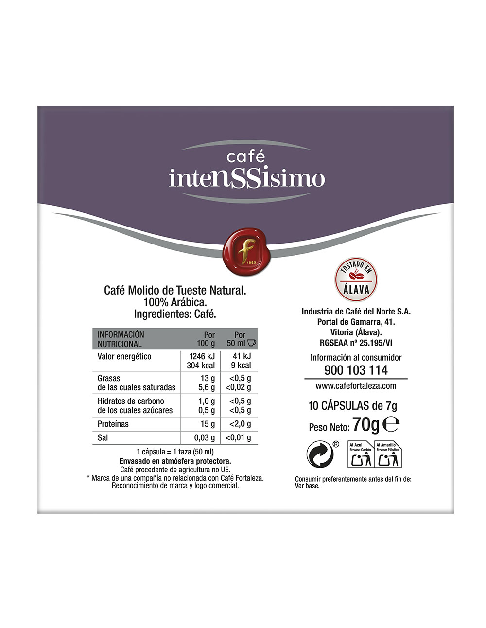 Envase de café Intensissimo, 10 cápsulas con información nutricional.
