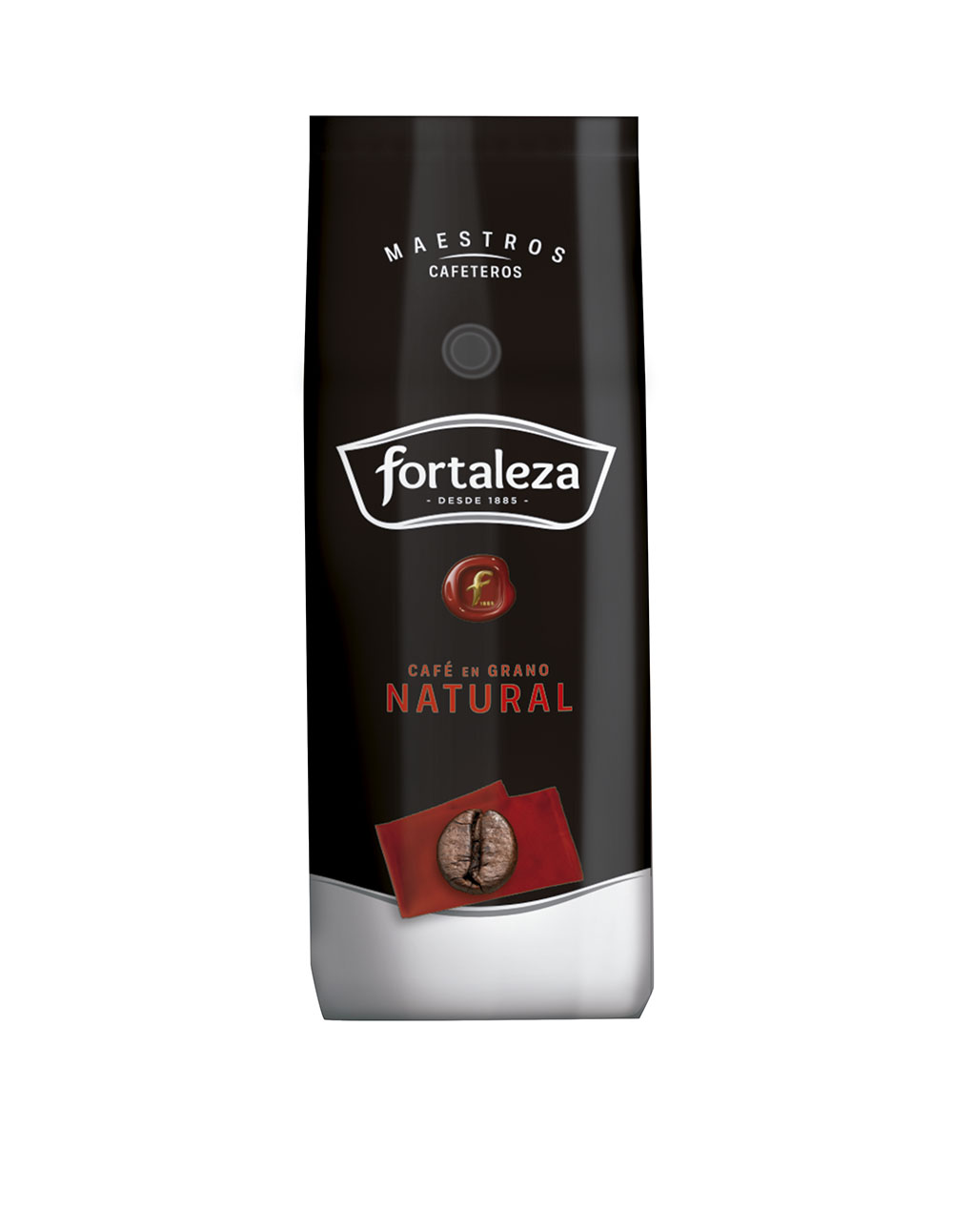 Una bolsa de café Fortaleza con un grano de café sobre fondo rojo.