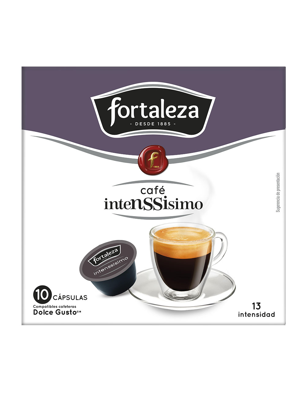 Cápsulas de café Fortaleza: Una taza de espresso y una cápsula en platillo.
