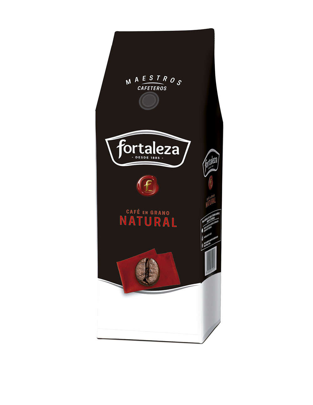 Bolsa de café negra con logo de Fortaleza y grano de café.