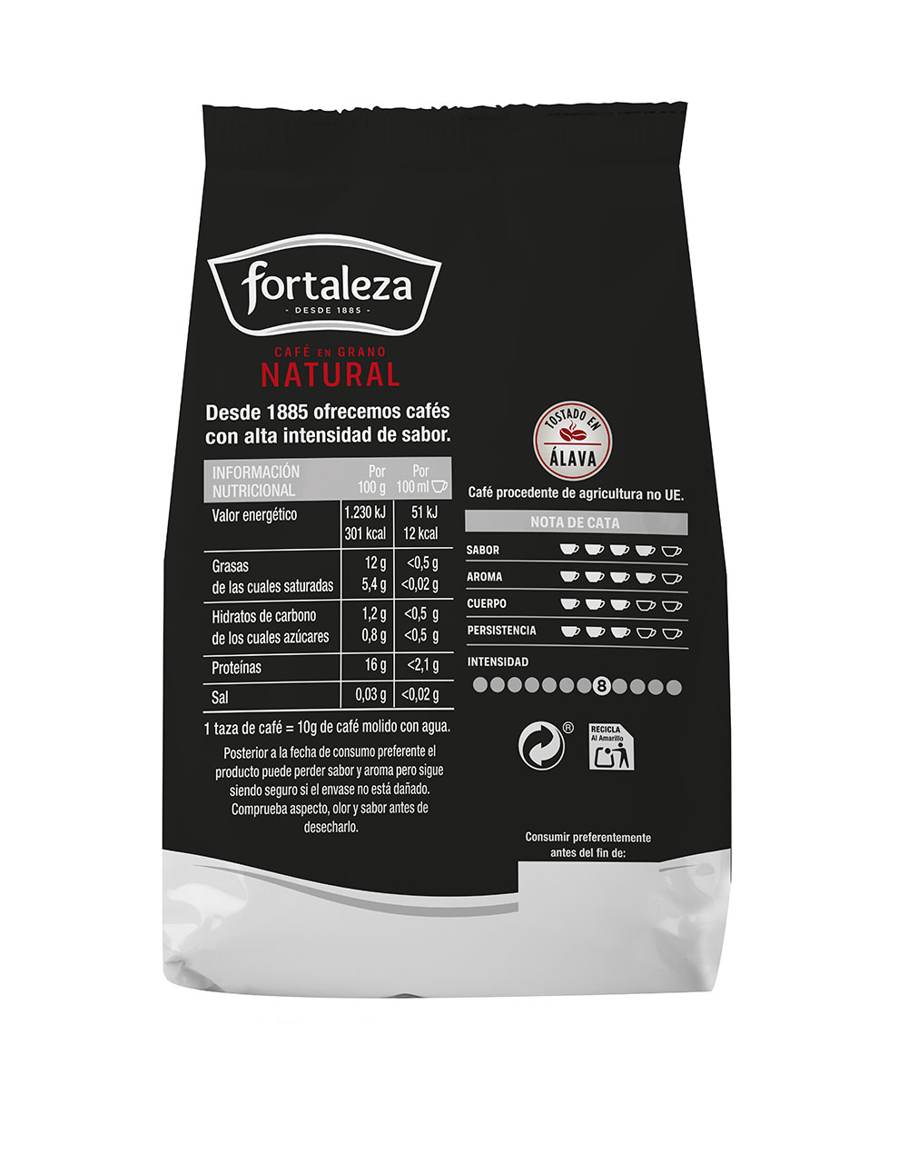 Bolsa de café negra con información nutricional y notas de cata de café Fortaleza Natural.