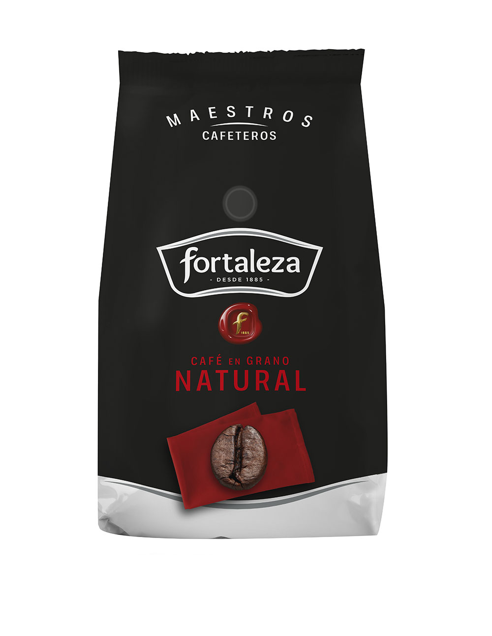 Bolsa de café negra con logo Fortaleza, grano de café sobre tela roja.