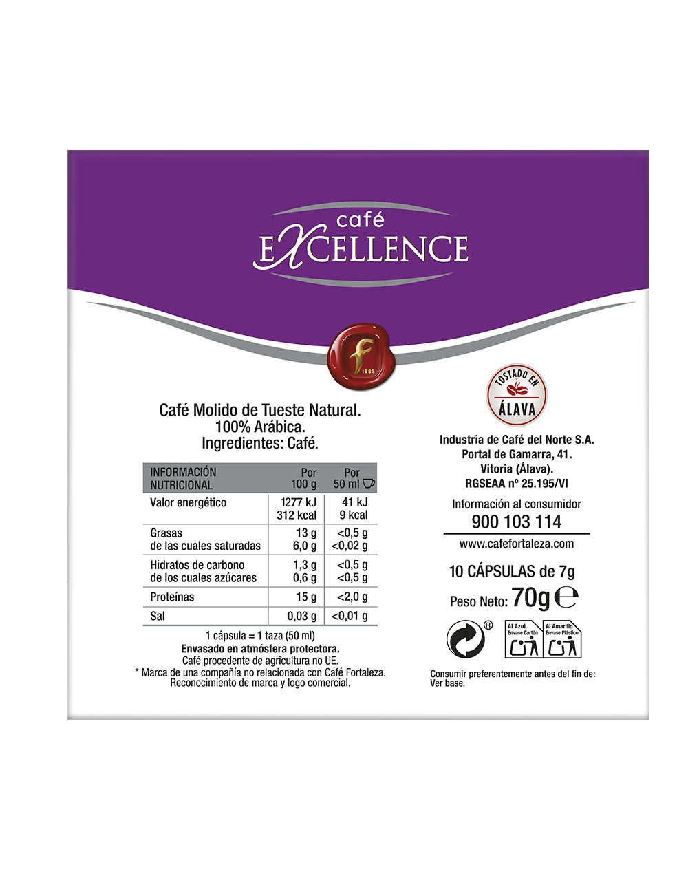Empaque de café molido Excellence con información nutricional y detalles del fabricante.