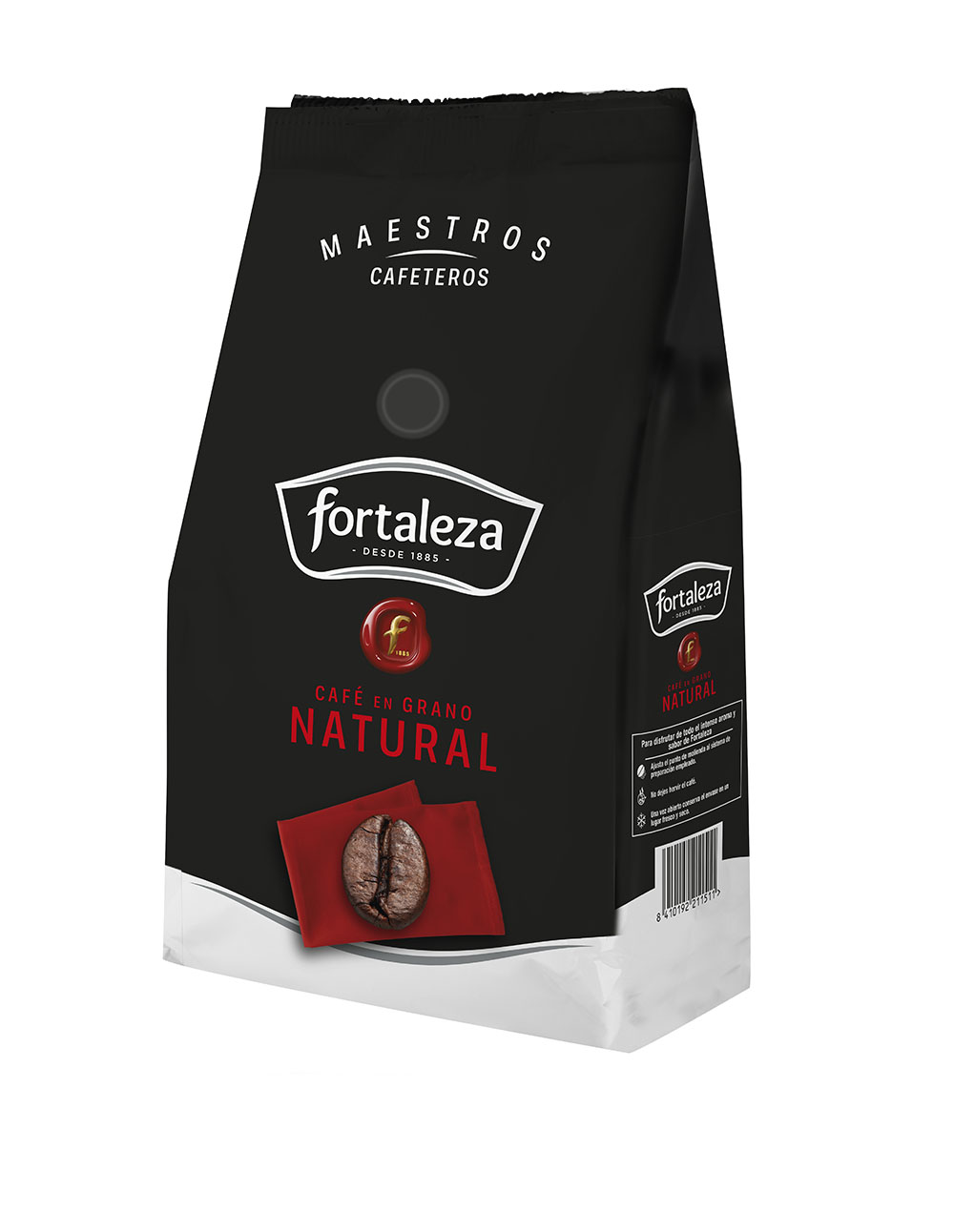 Bolsa de café negra con marca Fortaleza y grano de café sobre tela roja.