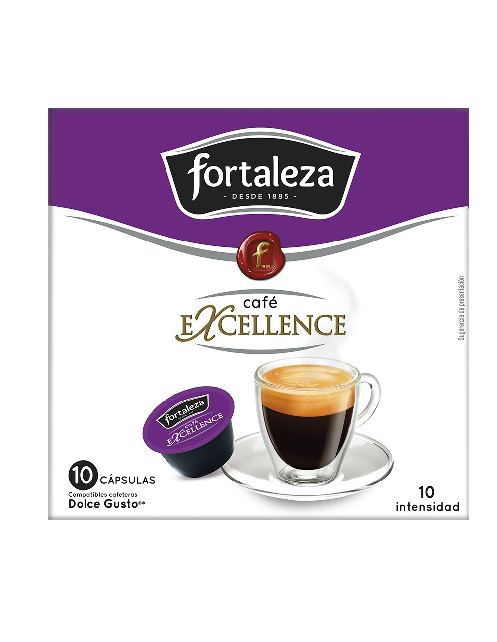 Embalaje con una cápsula de café y una taza de espresso.