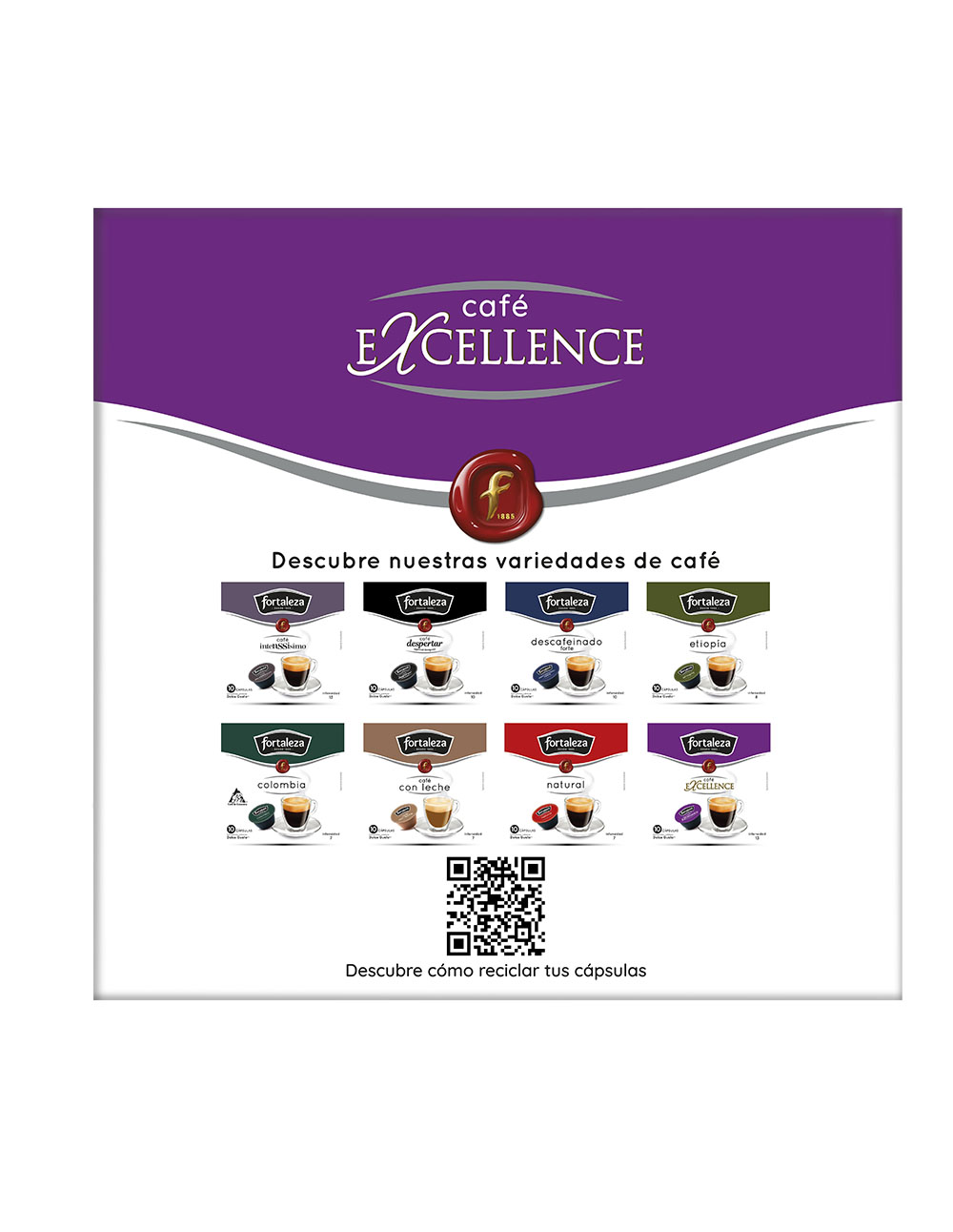 Café Fortaleza Excellence: varias cápsulas con tazas. Código QR.