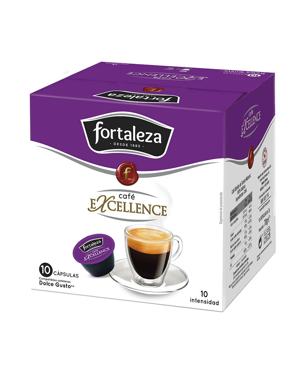 Cápsulas Fortaleza Café Excellence con una taza de espresso sobre fondo blanco.
