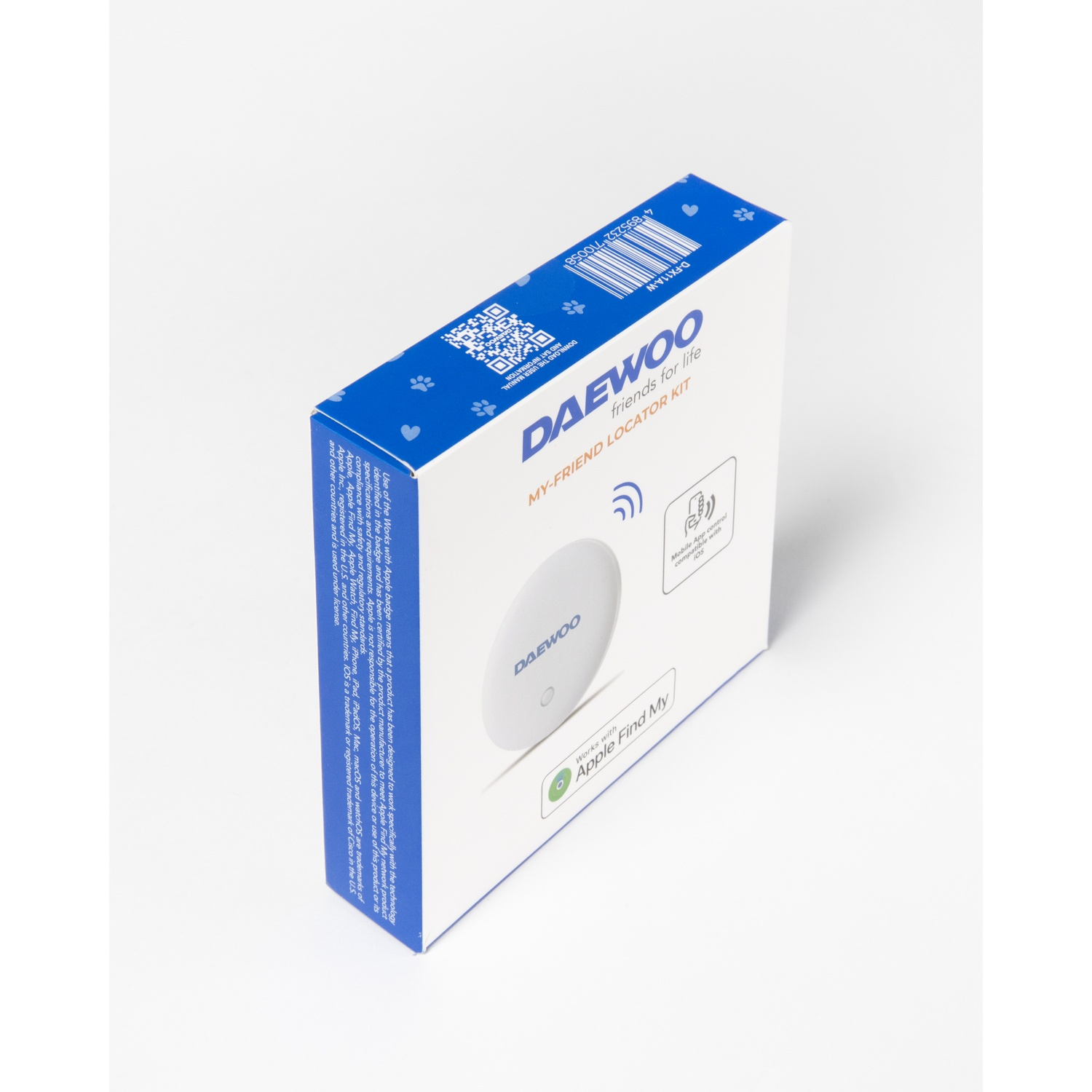 Scatola Daewoo My-Friend Locator Kit con codice QR e logo Apple Find My.