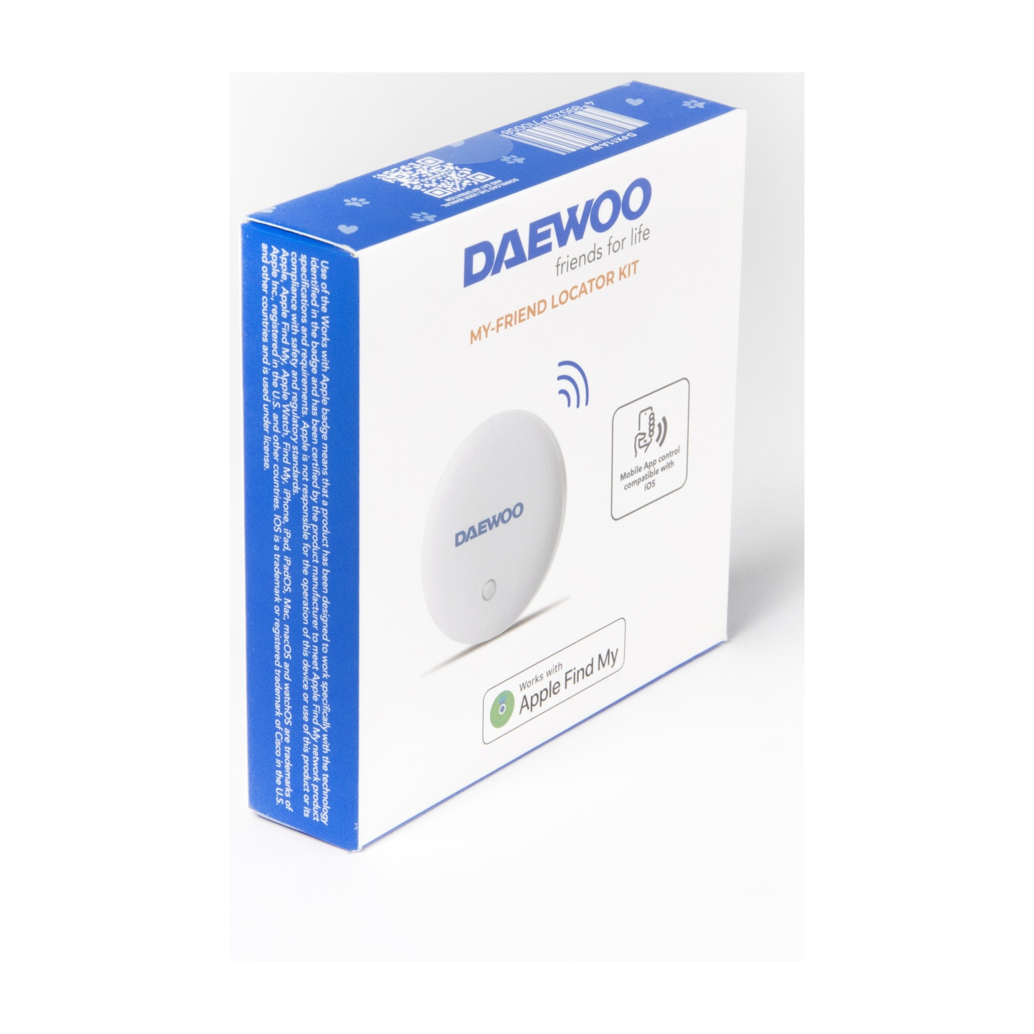 Scatola Daewoo My-Friend Locator Kit con tracker bianco. Compatibile con Apple Find My.