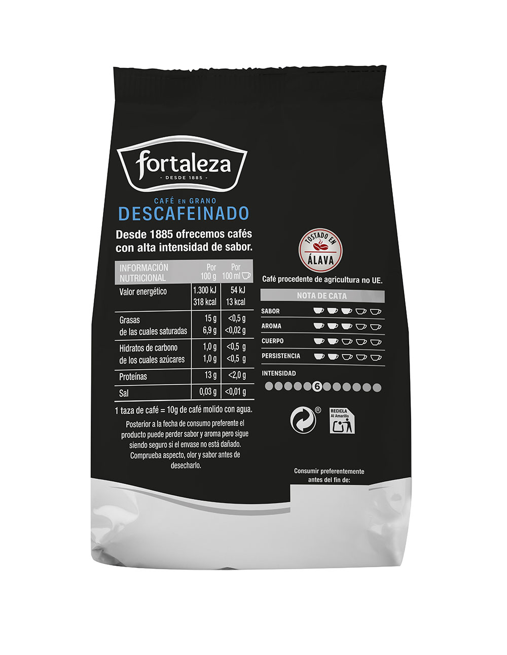 Envase de café Fortaleza descafeinado en grano con información nutricional.