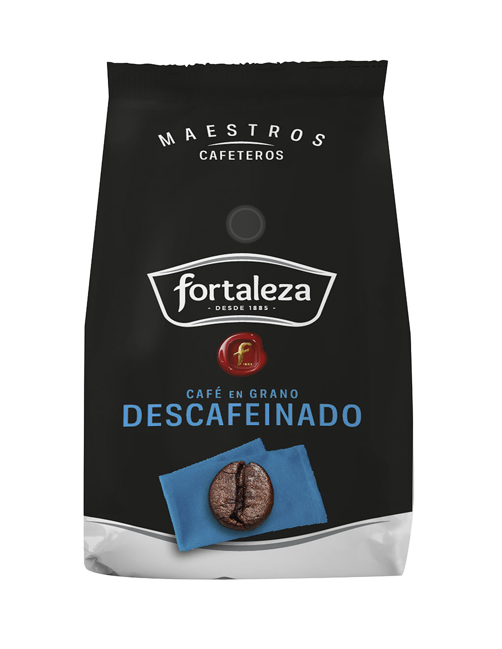 Bolsa de café negra con logo Fortaleza y un grano de café sobre tela azul.