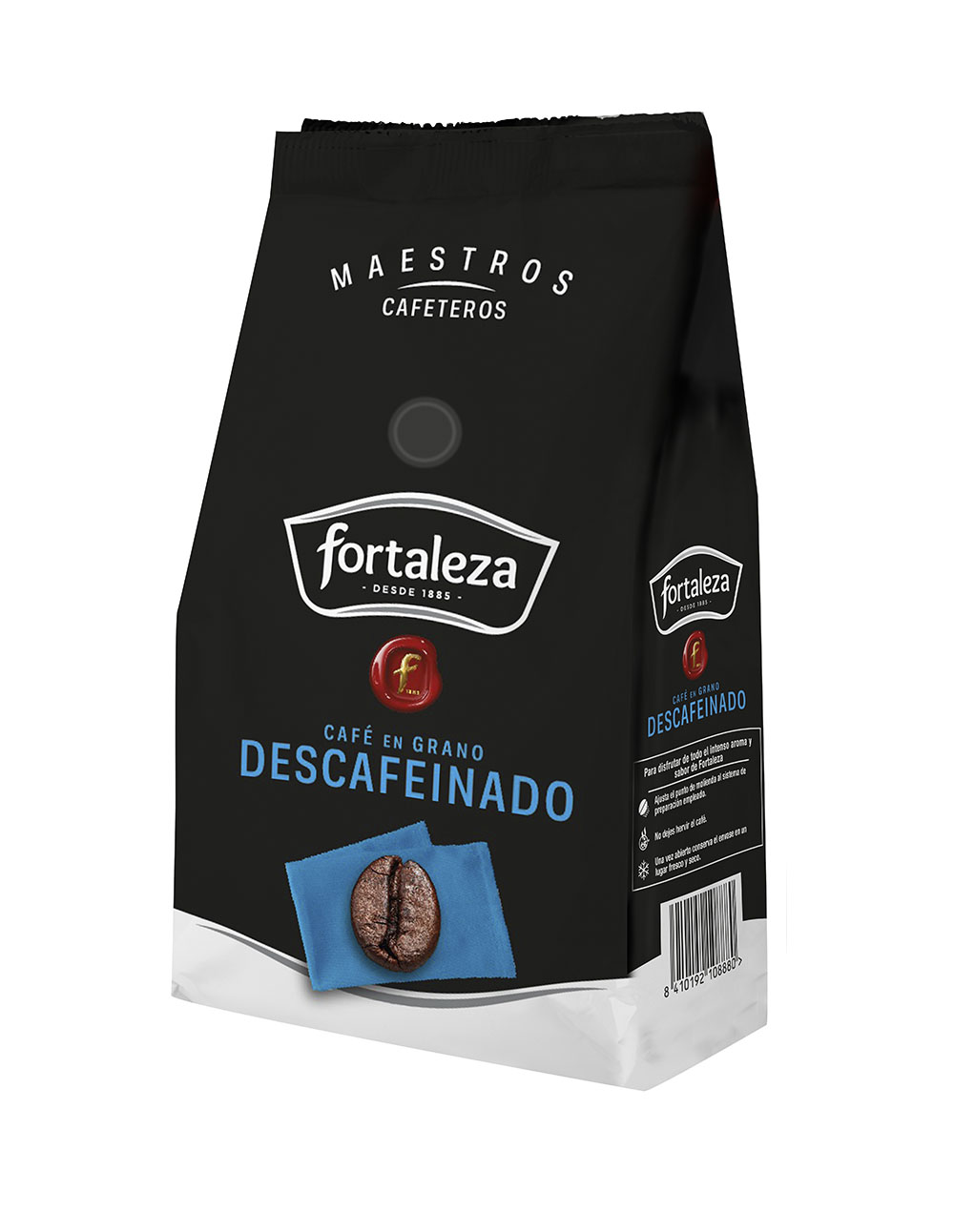 Una bolsa de café negra con el logo de Fortaleza y un grano de café.