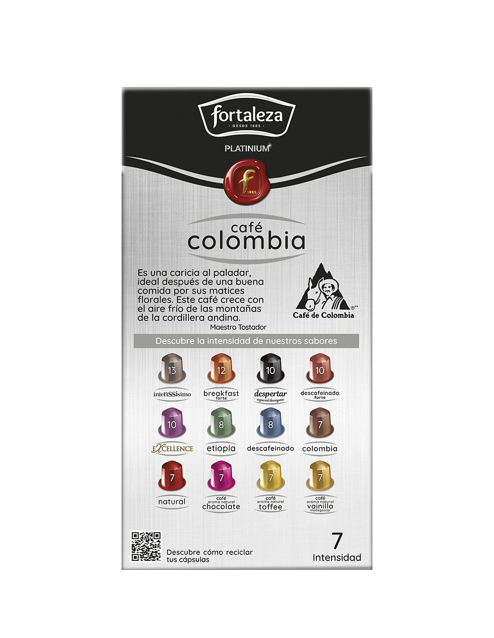 Embalaje de café Fortaleza Platinum para 'café Colombia' con varias opciones de cápsulas.