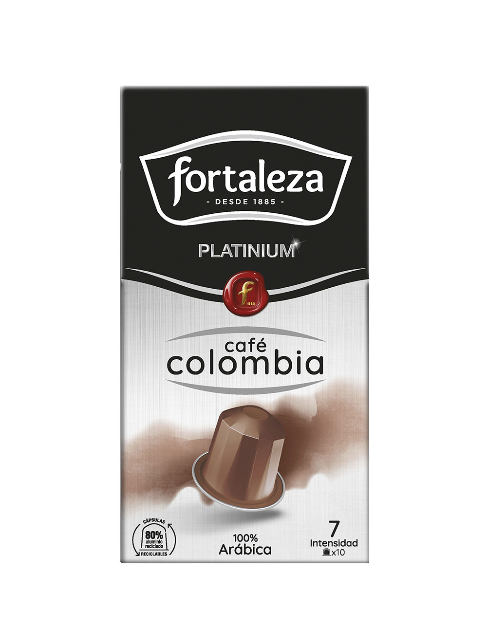 Embalaje de cápsulas de café Fortaleza Platinium, con una cápsula delante.