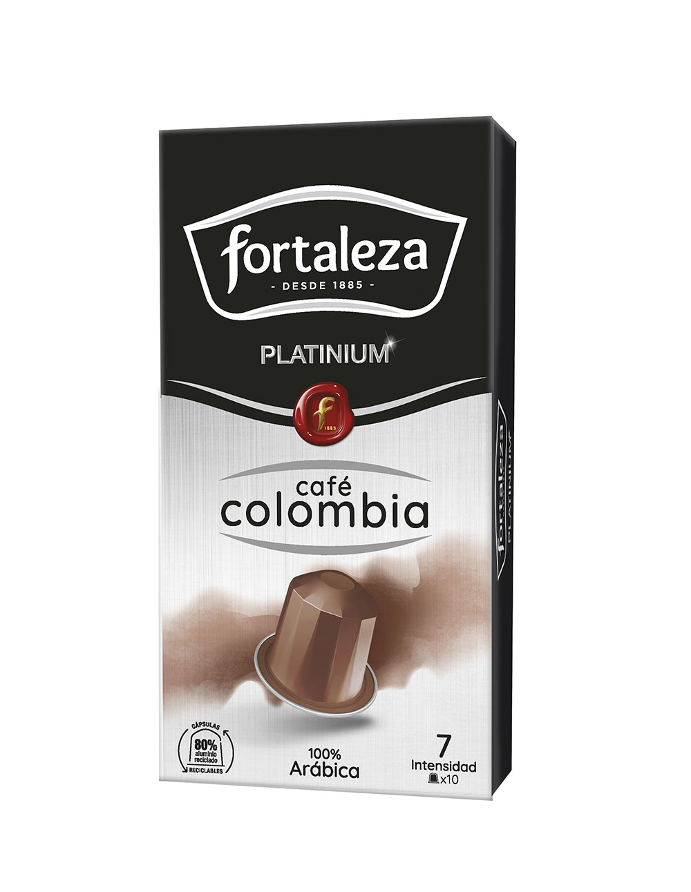 Caja de cápsulas de café Fortaleza Platinium, Café Colombia, con una cápsula.