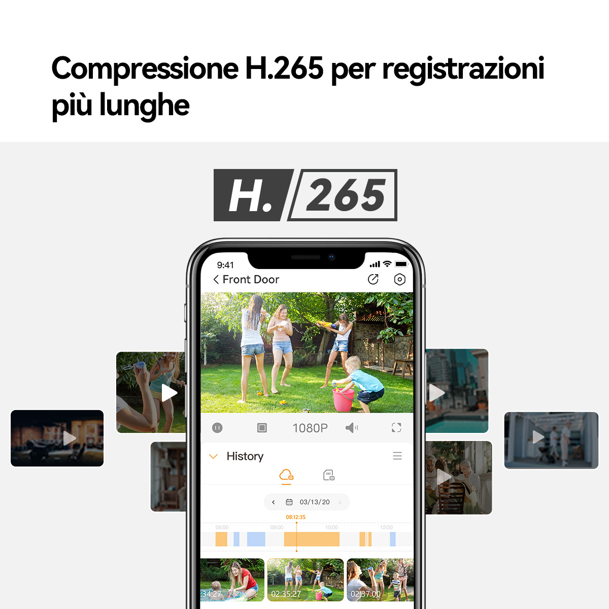Smartfon pokazuje aplikację bezpieczeństwa z dziećmi bawiącymi się w ogrodzie. Kompresja H.265.
