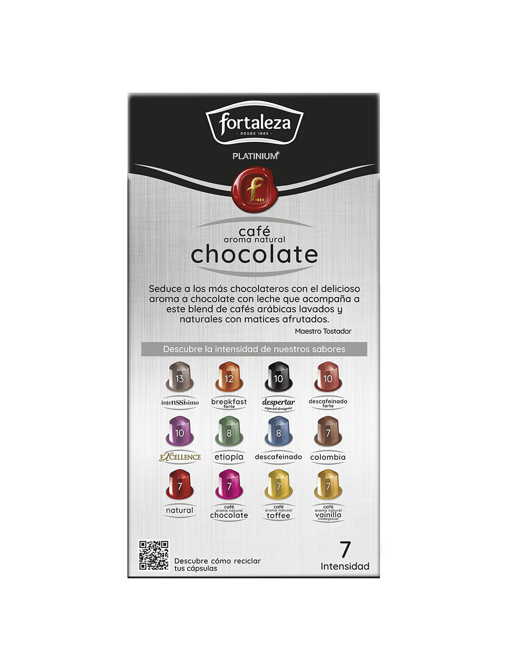 Embalaje de cápsulas de café Fortaleza con sabor a chocolate y varias intensidades.