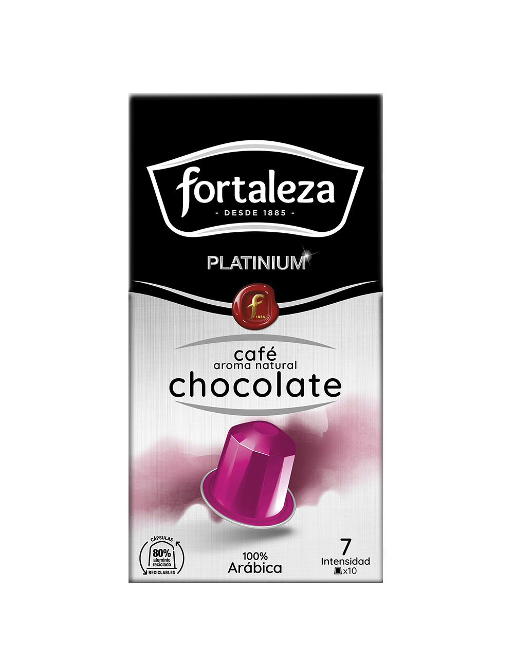 Empaque de café Fortaleza Platinium con cápsula y aroma a chocolate.