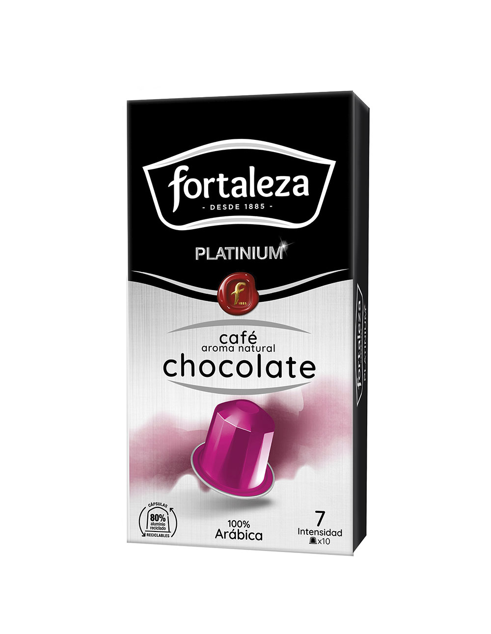 Envase de cápsulas de café chocolate Fortaleza Platinium, con cápsula morada.