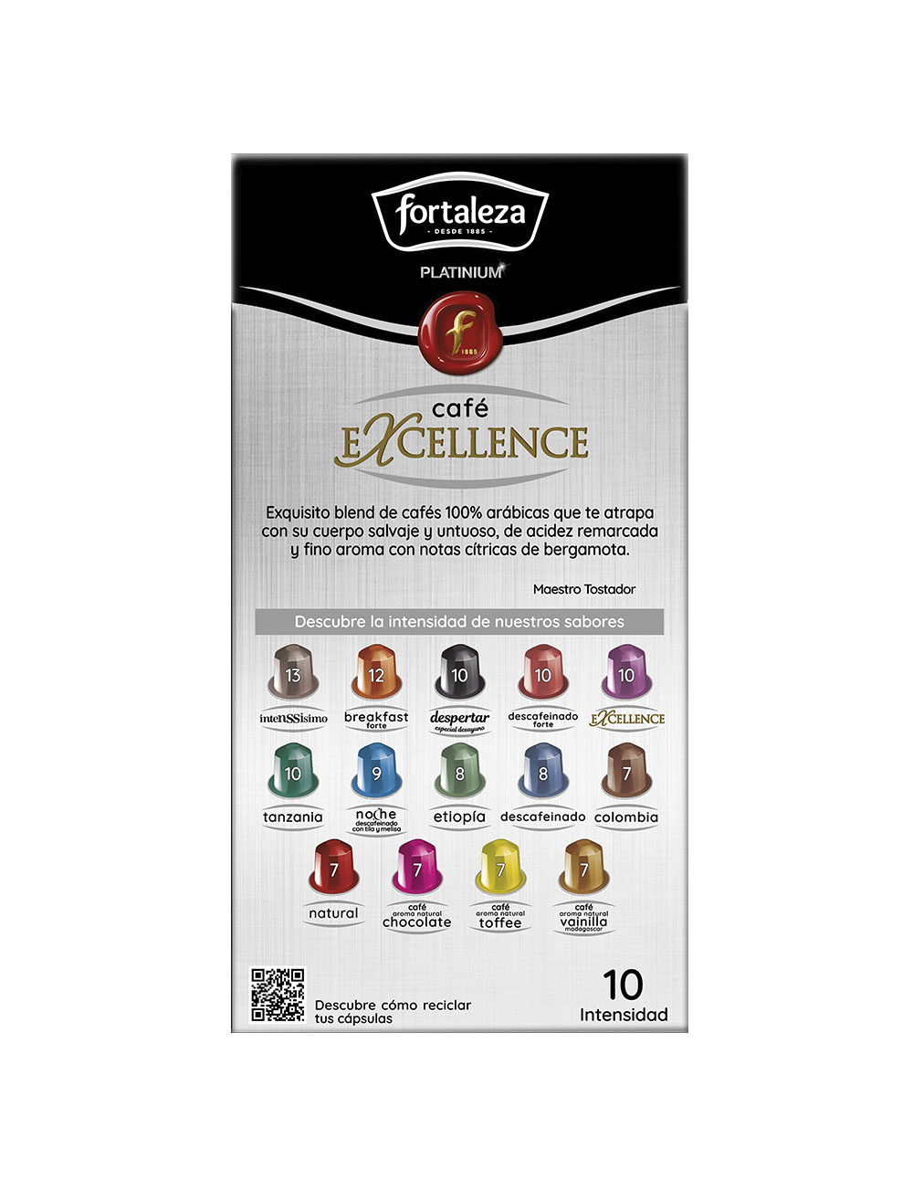 Empaque de cápsulas de café Fortaleza mostrando diferentes sabores y niveles de intensidad.
