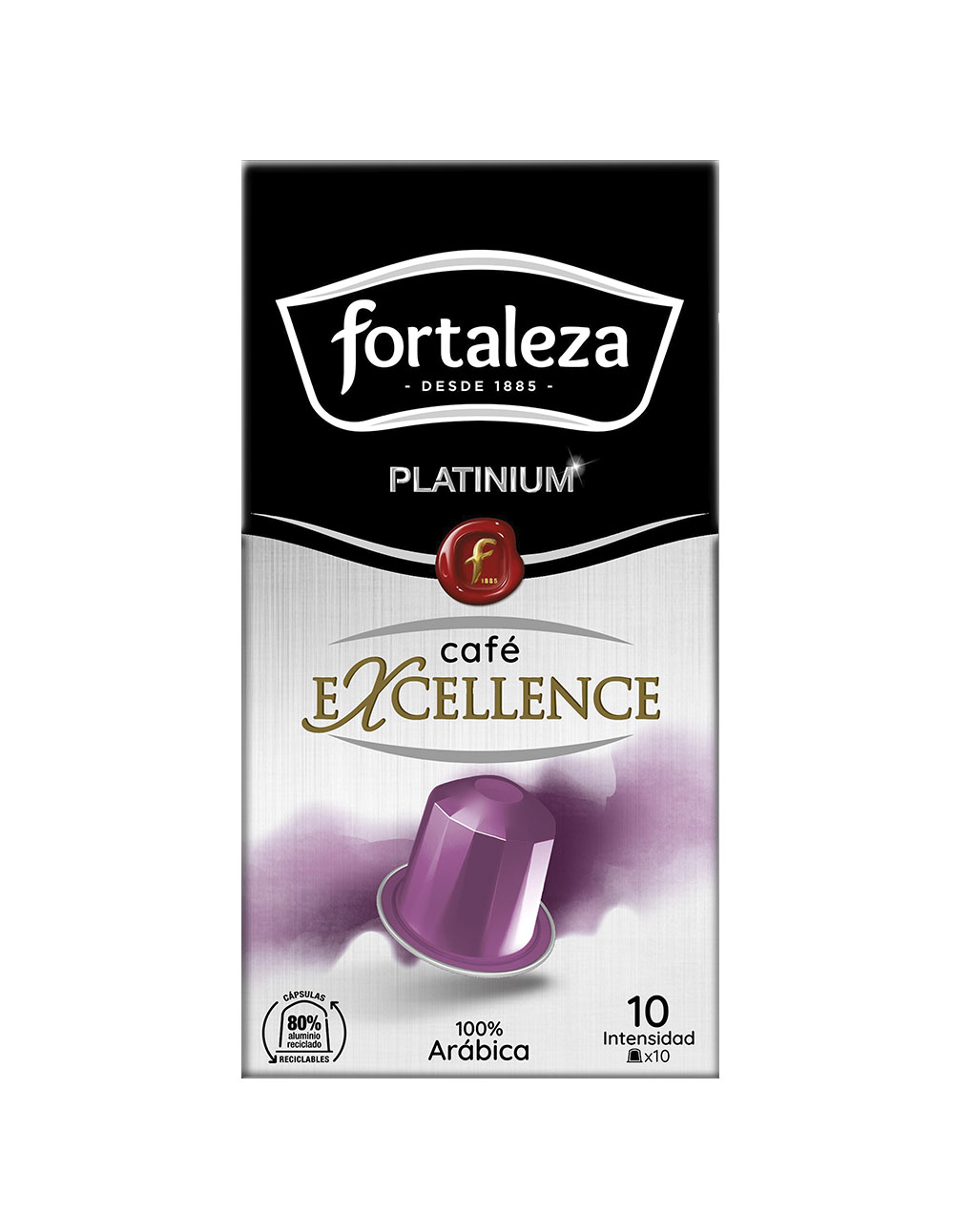 Embalaje de cápsulas de café con cápsula morada, Fortaleza Platinium.