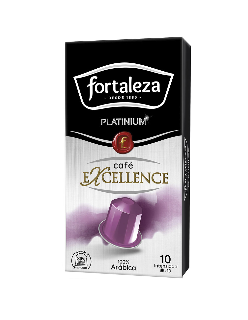 Fortaleza café Excellence Platinium paquete de cápsulas con una cápsula morada.