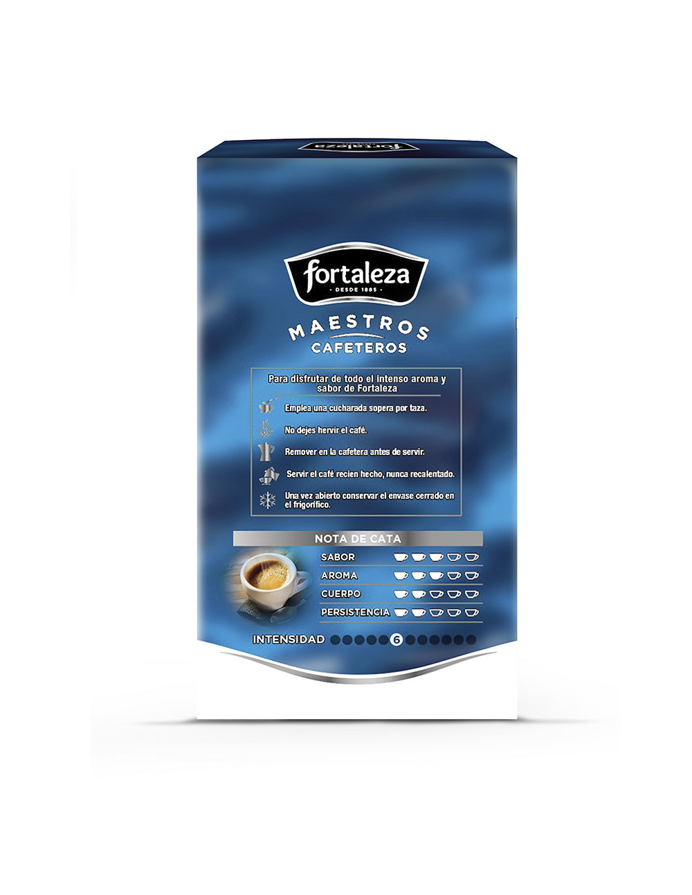 Caja de café Fortaleza con instrucciones y notas de cata. Intensidad 6.