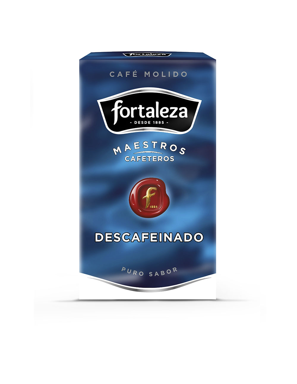 Paquete de café molido descafeinado Fortaleza con sello rojo.