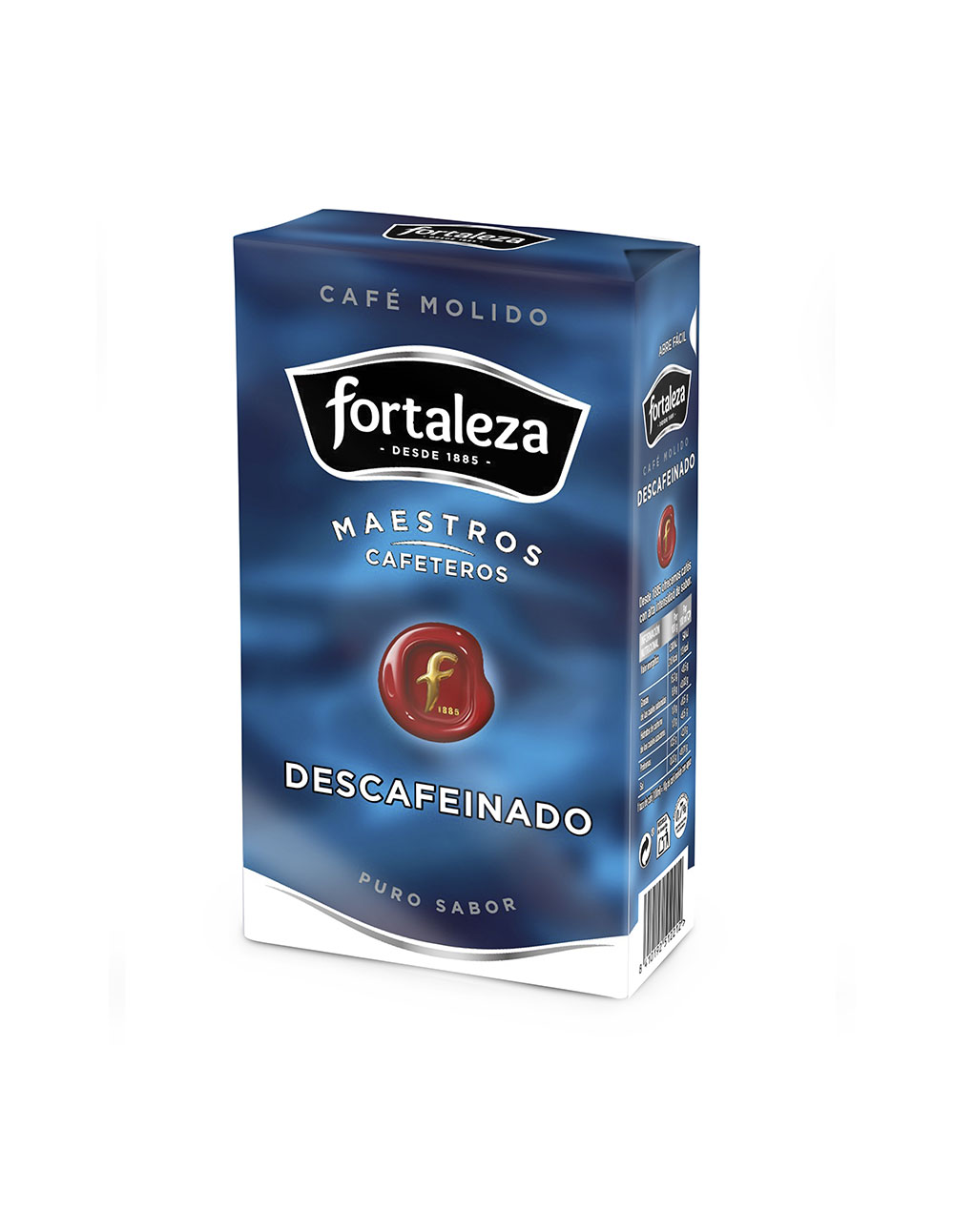 Envase de café molido descafeinado Fortaleza. Azul oscuro con logo.