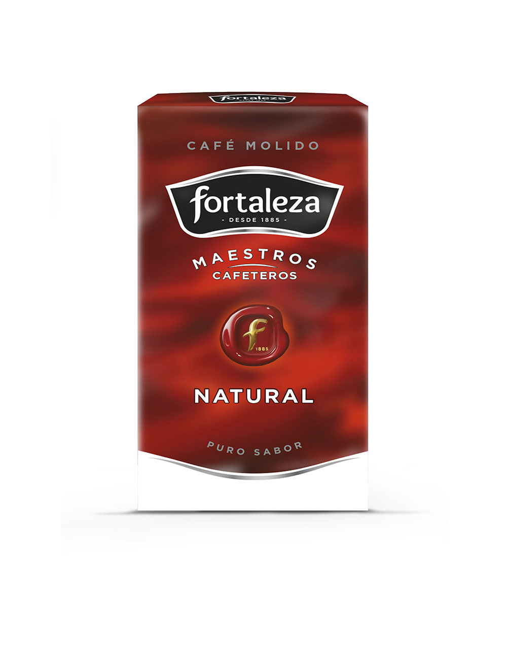 Paquete de café con logo Fortaleza, rojo-marrón, con texto.