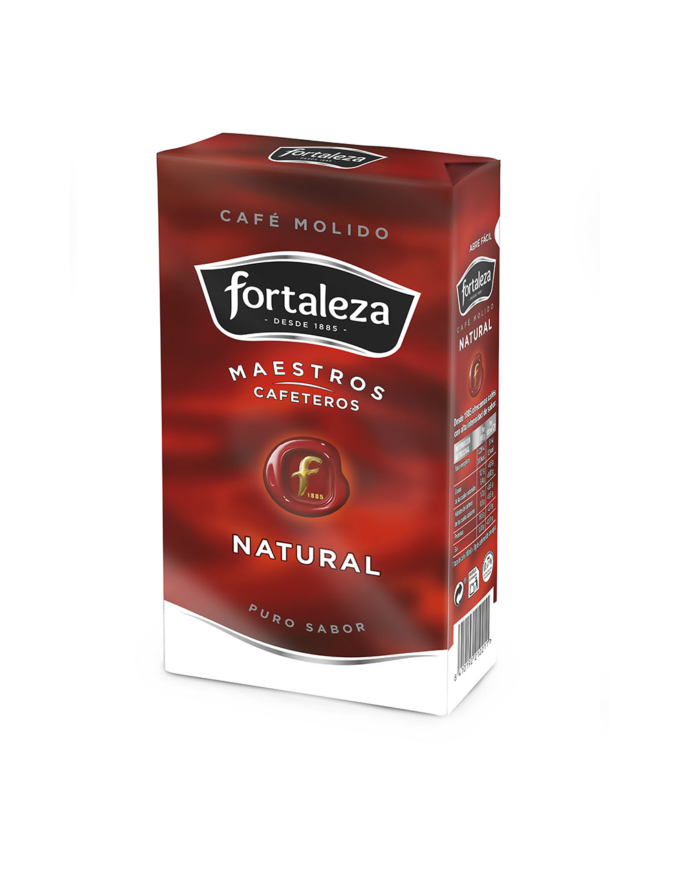 Una caja de café molido Fortaleza, roja con letras doradas.