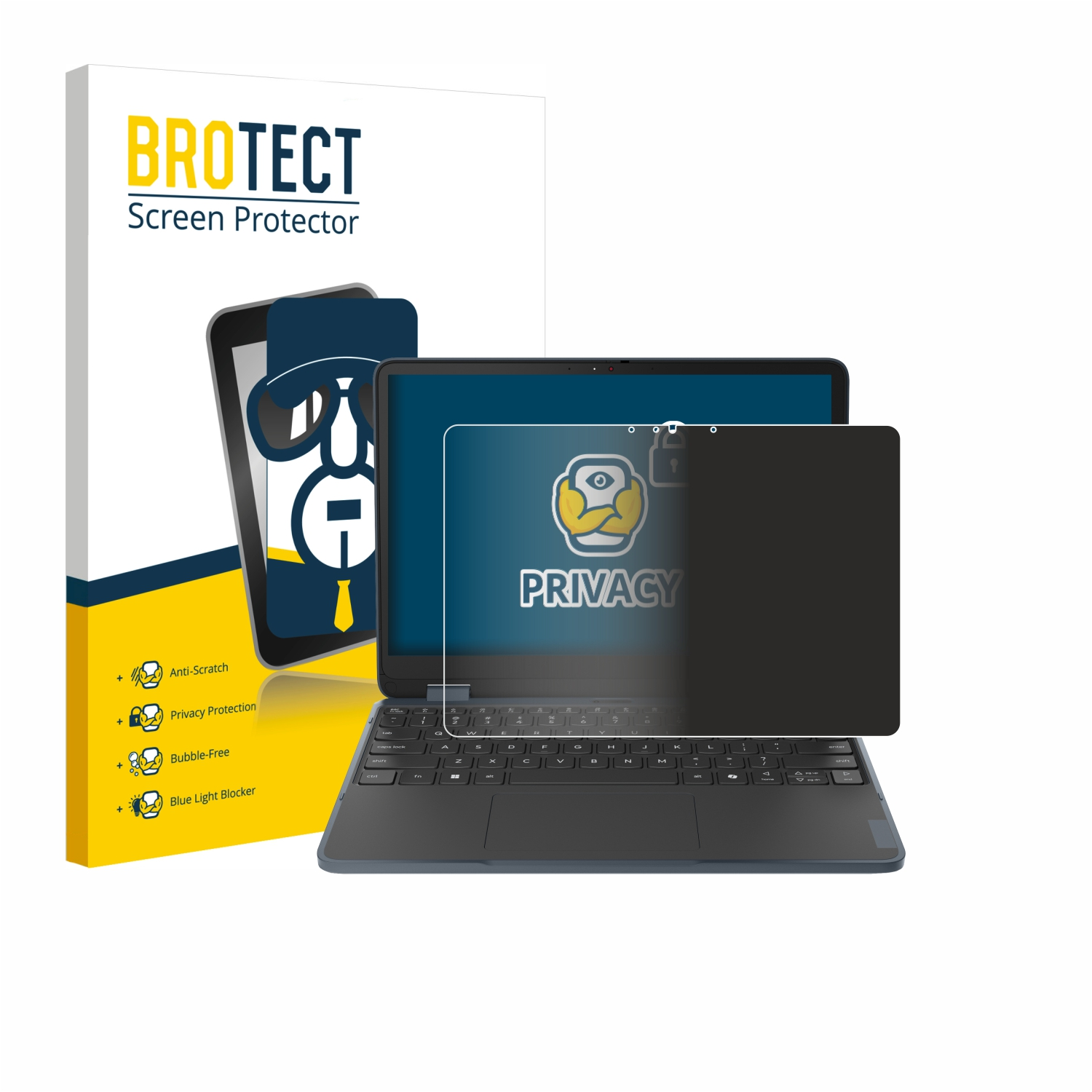 Ein BROTECT Sichtschutz für Laptops mit Logo und Funktionen auf der Verpackung.