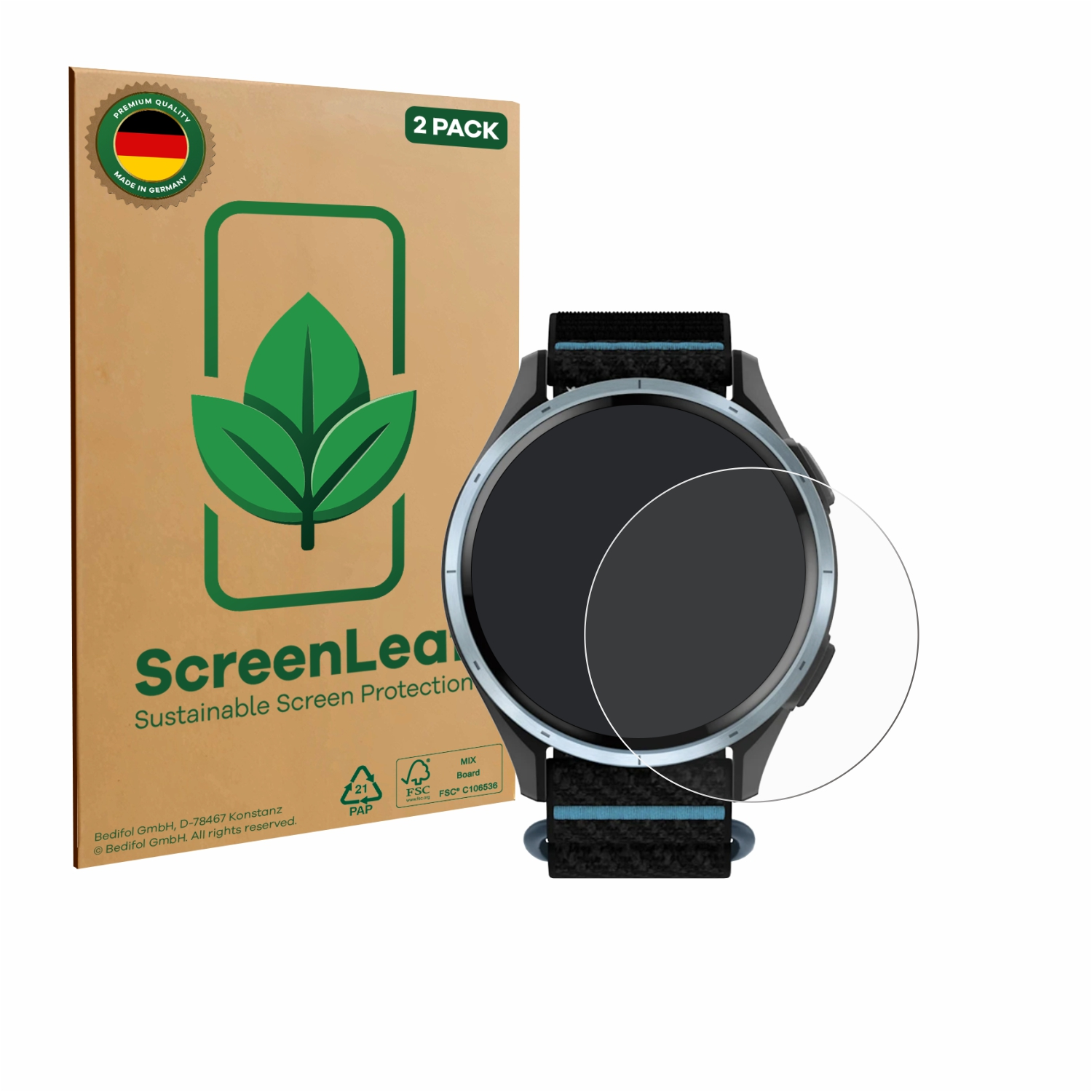 Eine Packung mit 2 Displayschutzfolien für Smartwatches und eine einzelne Folie.