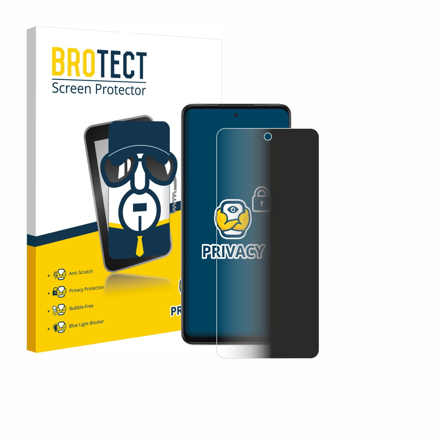 BROTECT Displayschutzfolie mit Smartphone und Verpackung. "PRIVACY".