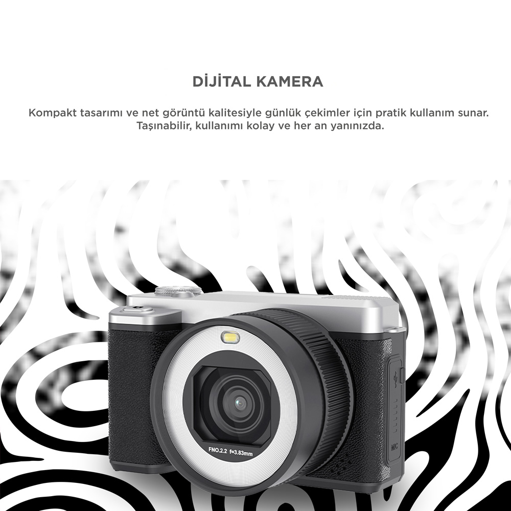 Halka ışıklı ve siyah gövdeli dijital fotoğraf makinesi.