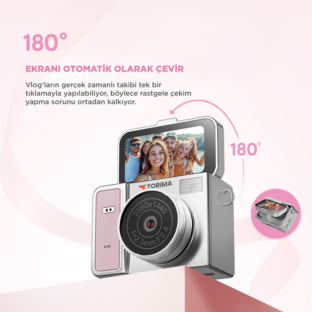 180° dönen ekranlı kamera, 5 gülen insanı gösteriyor. Otomatik çevirme.