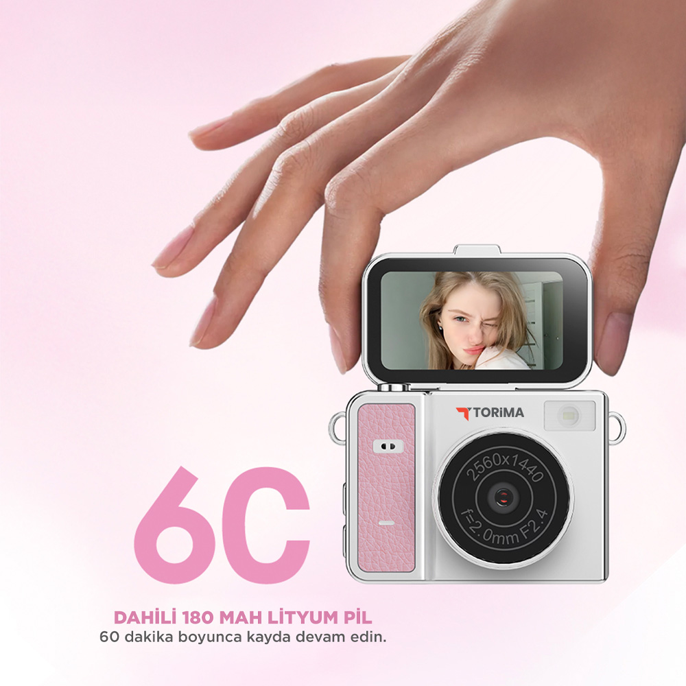 TORIMA CMR46 Mini Dijital Kamera Video Kamera 2K Flip Ekranlı Dijital Fotoğraf Makinesi Pembe