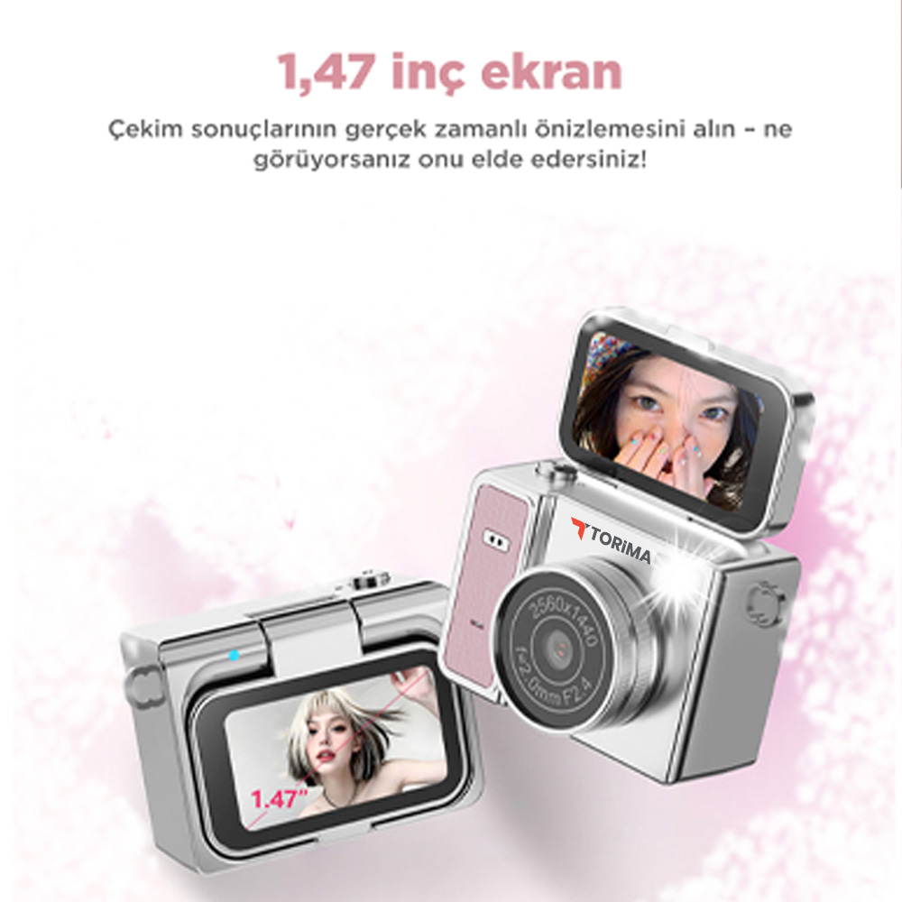 Pembe aksanlı iki gümüş kamera, biri kız, diğeri kadın gösteriyor.