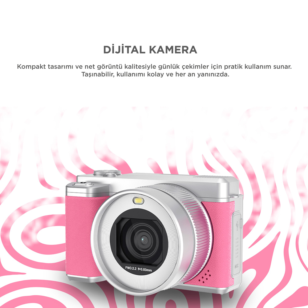 Gümüş detaylı, pembe, kompakt dijital kamera.
