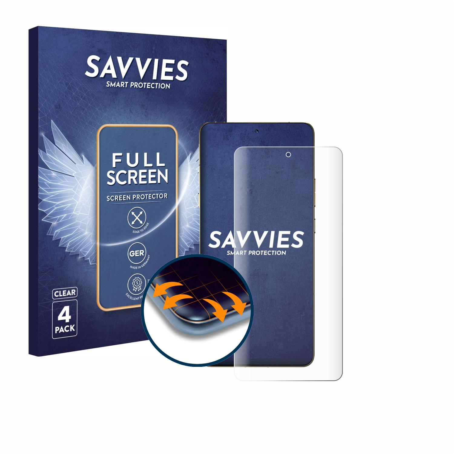 Savvies Vollbild-Displayschutzfolie mit Verpackung und Handy.