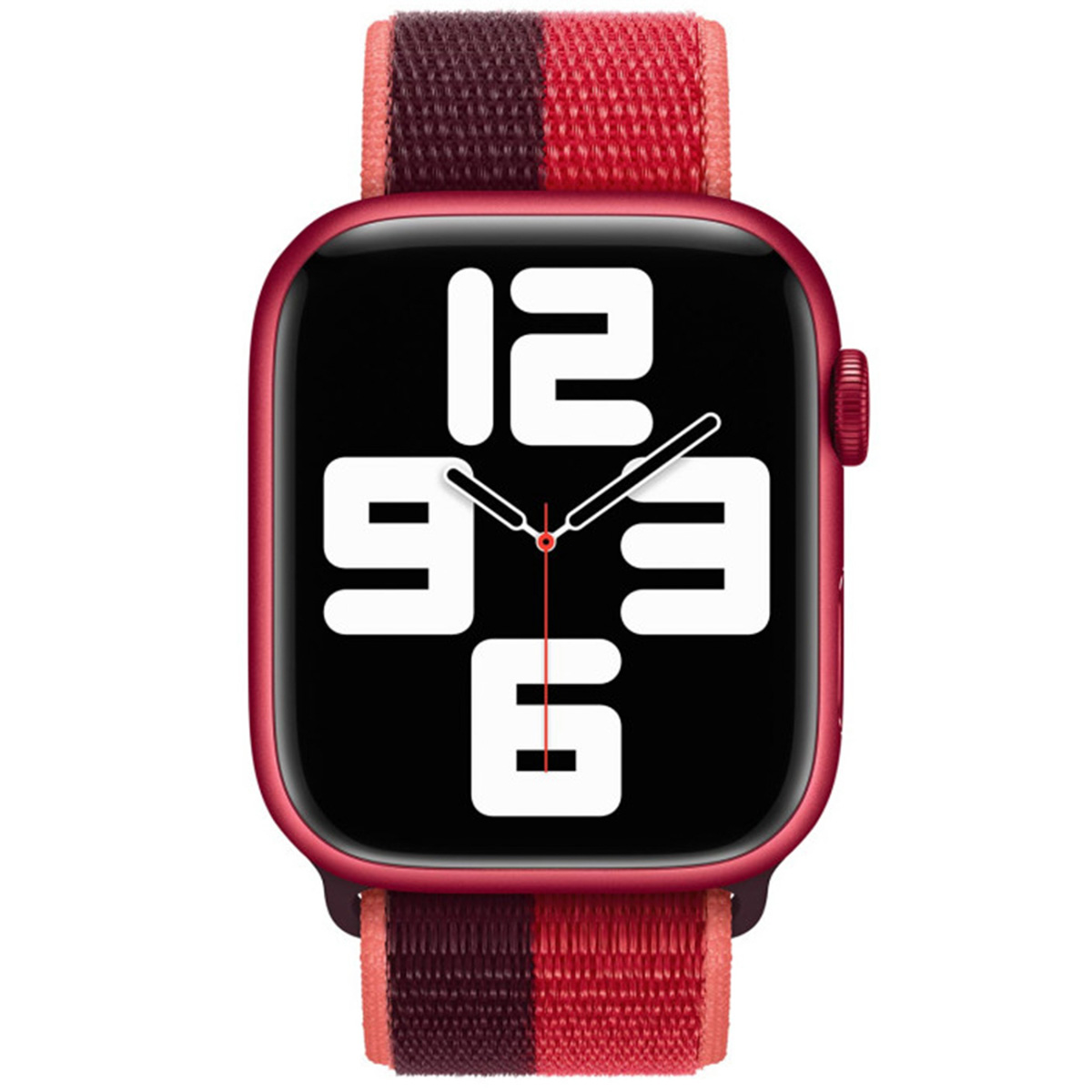 Montre connectée rouge avec cadran noir, chiffres blancs et bracelet bicolore.