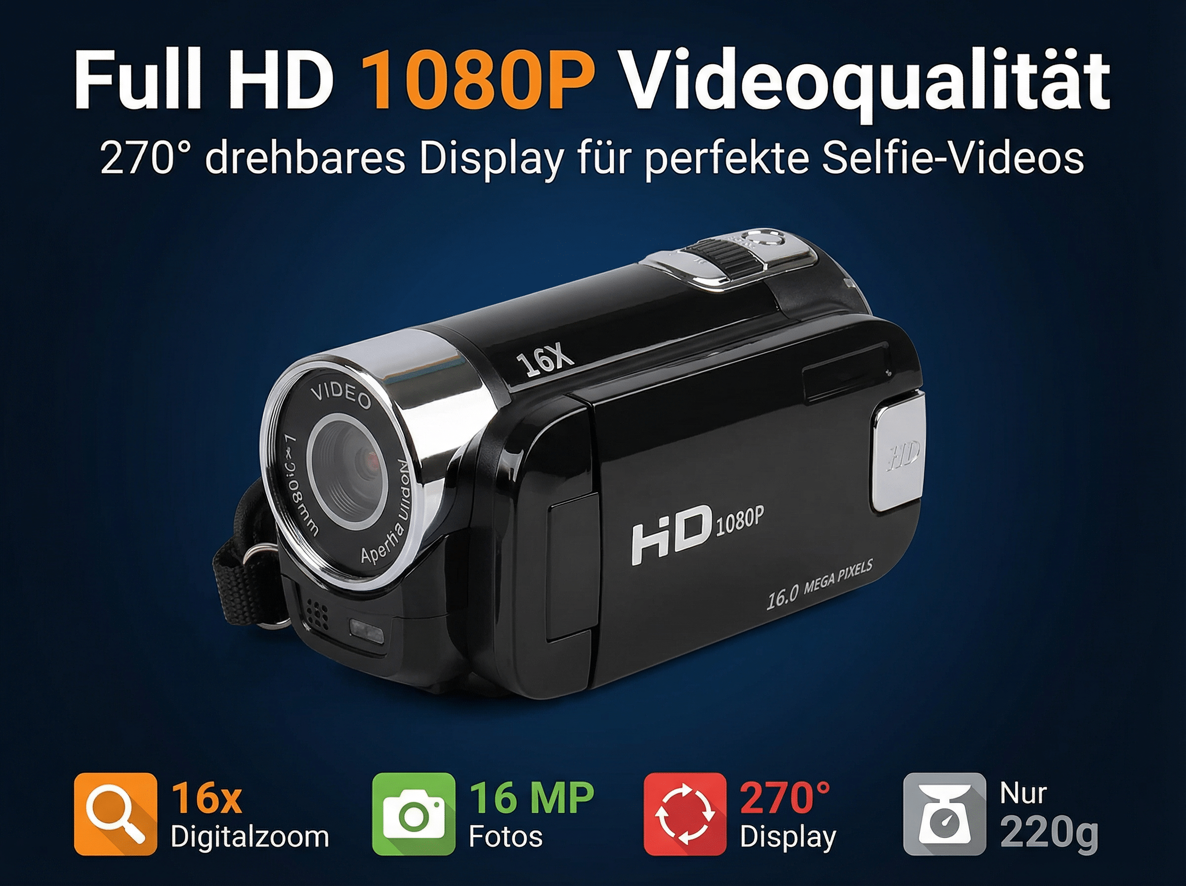 Schwarzer Camcorder mit 16x Zoom, 16 MP, 270° drehbarem Display und 220g Gewicht.