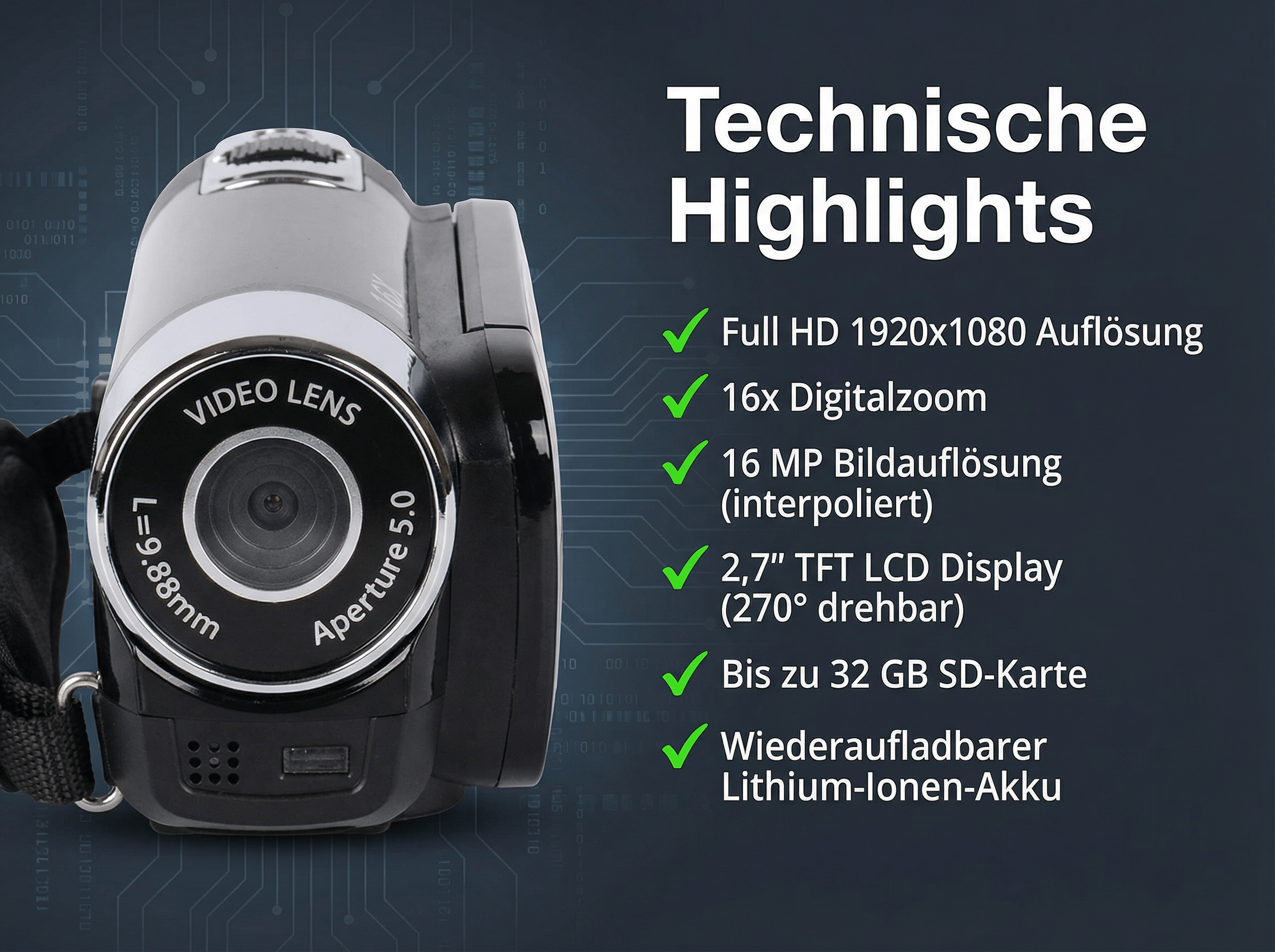 Graue Digitalkamera mit technischen Highlights wie Full HD, 16x Zoom.