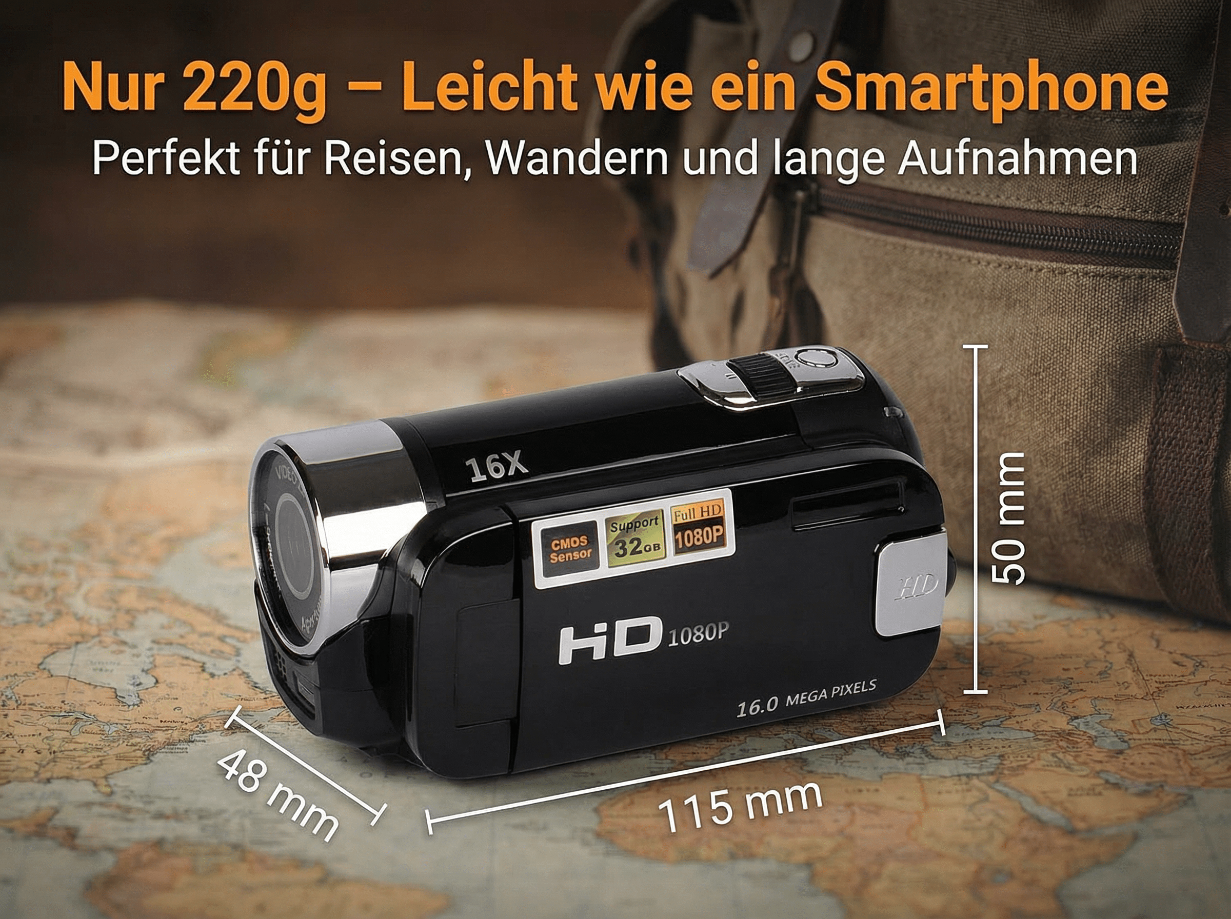 Schwarzer Camcorder mit 16x Zoom auf einer Karte. Maße: 48x115x50mm.