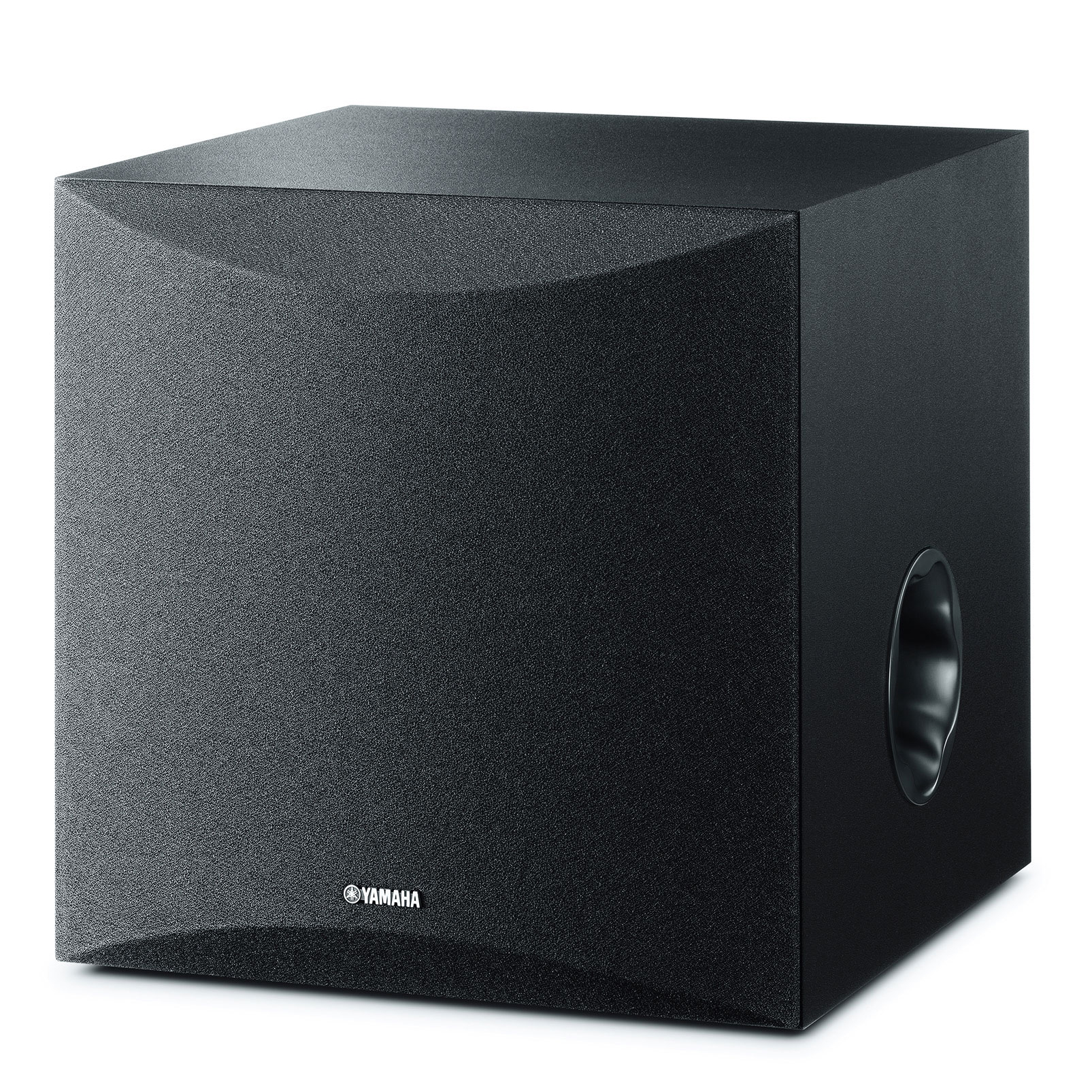 Subwoofer Yamaha nero con porta bass reflex sul lato destro.
