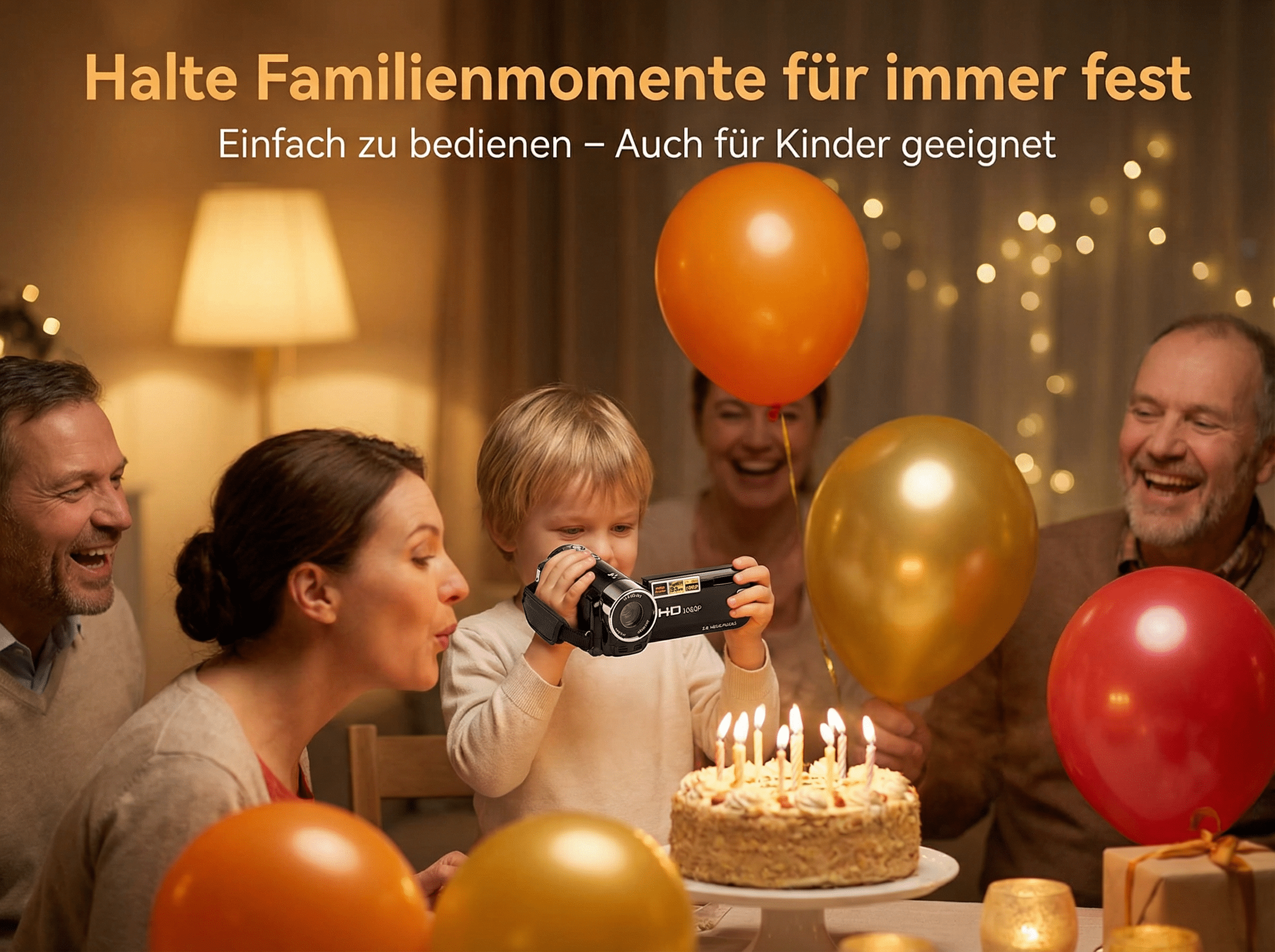 Familie feiert Geburtstag mit Kuchen, Ballons und Kamera.