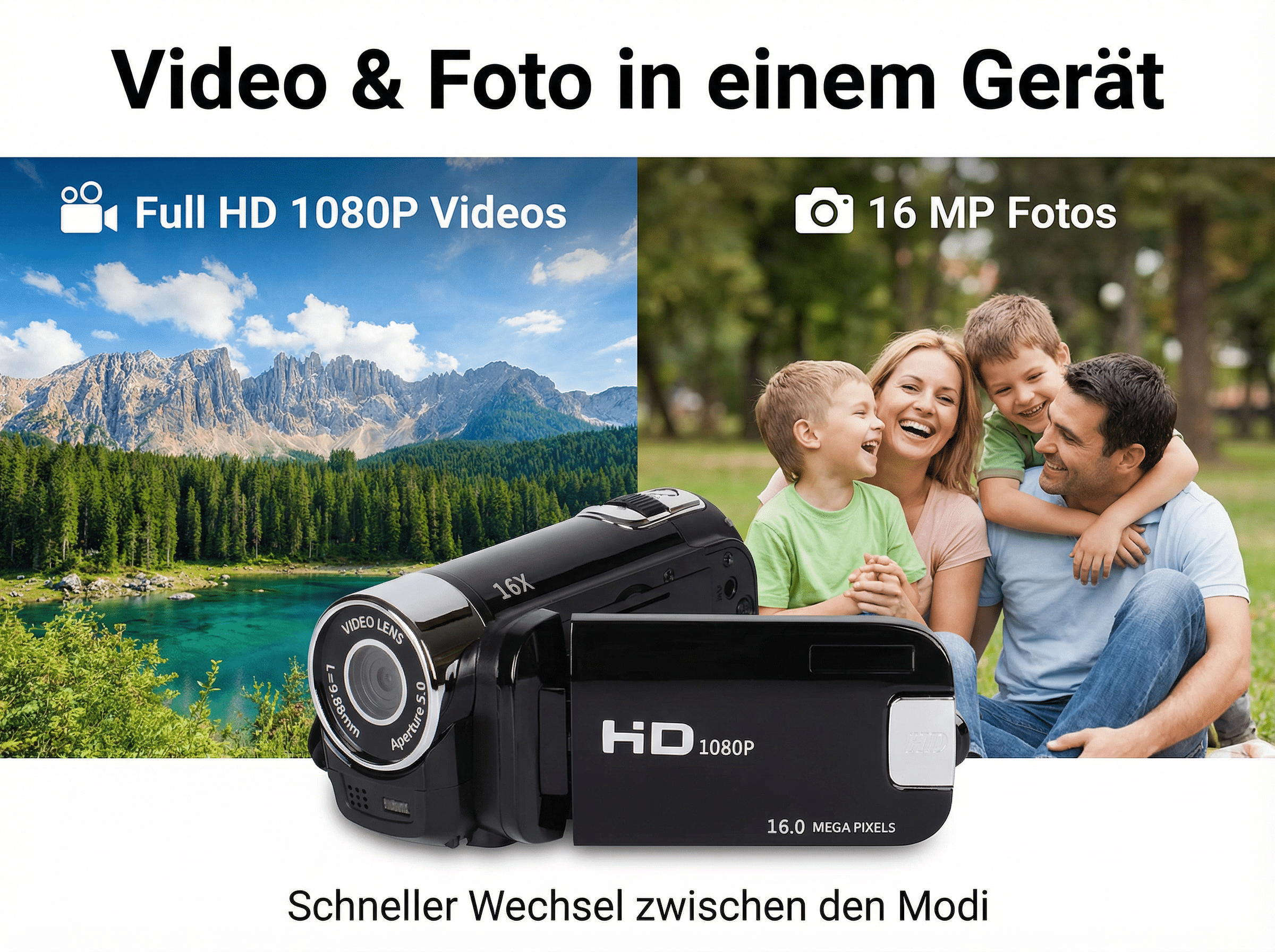 Ein Camcorder zeigt Berglandschaft, Familie im Park. Gerät kann Video & Foto.