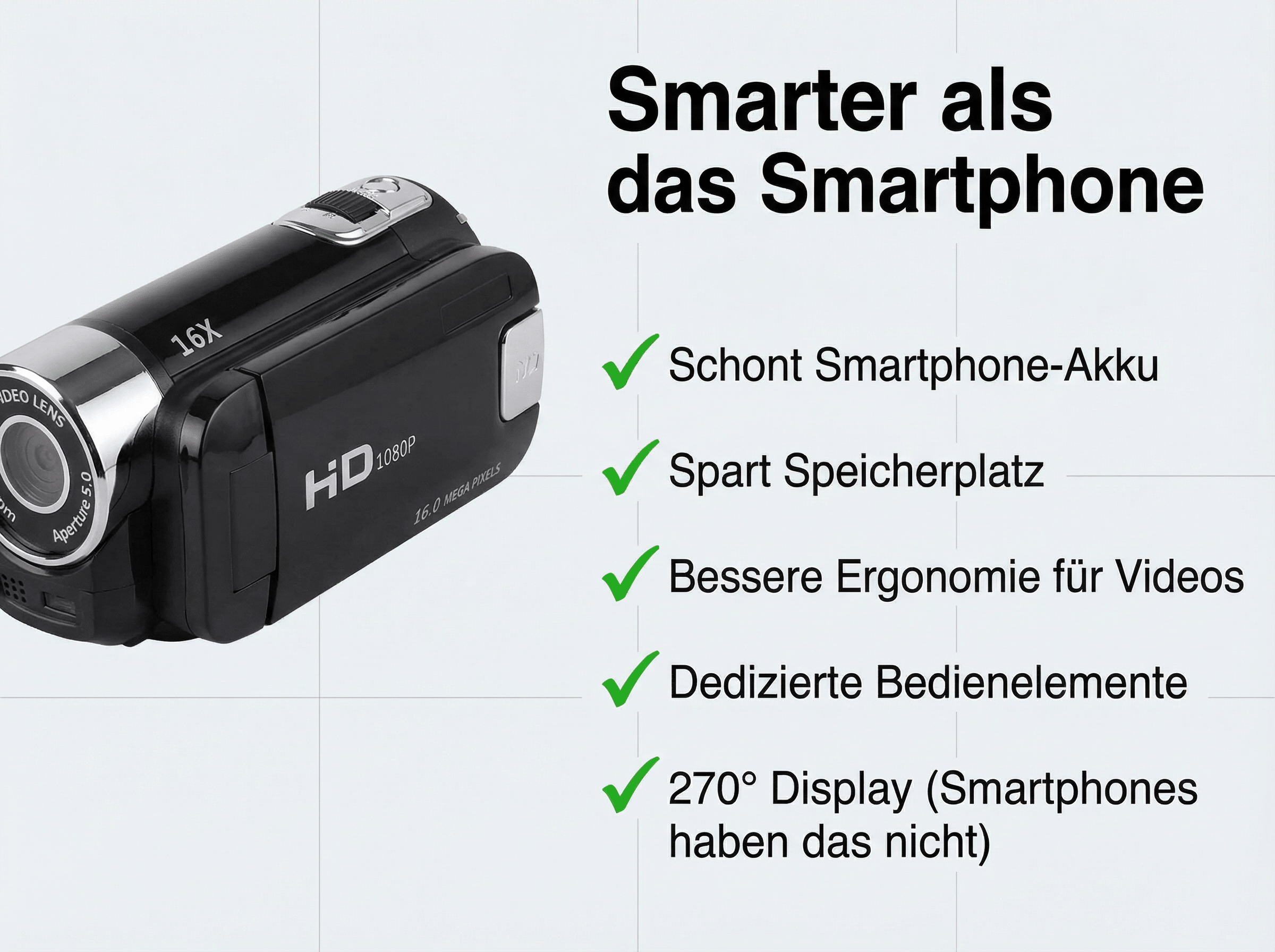 Schwarzer Camcorder mit "Smarter als das Smartphone" Aufdruck.