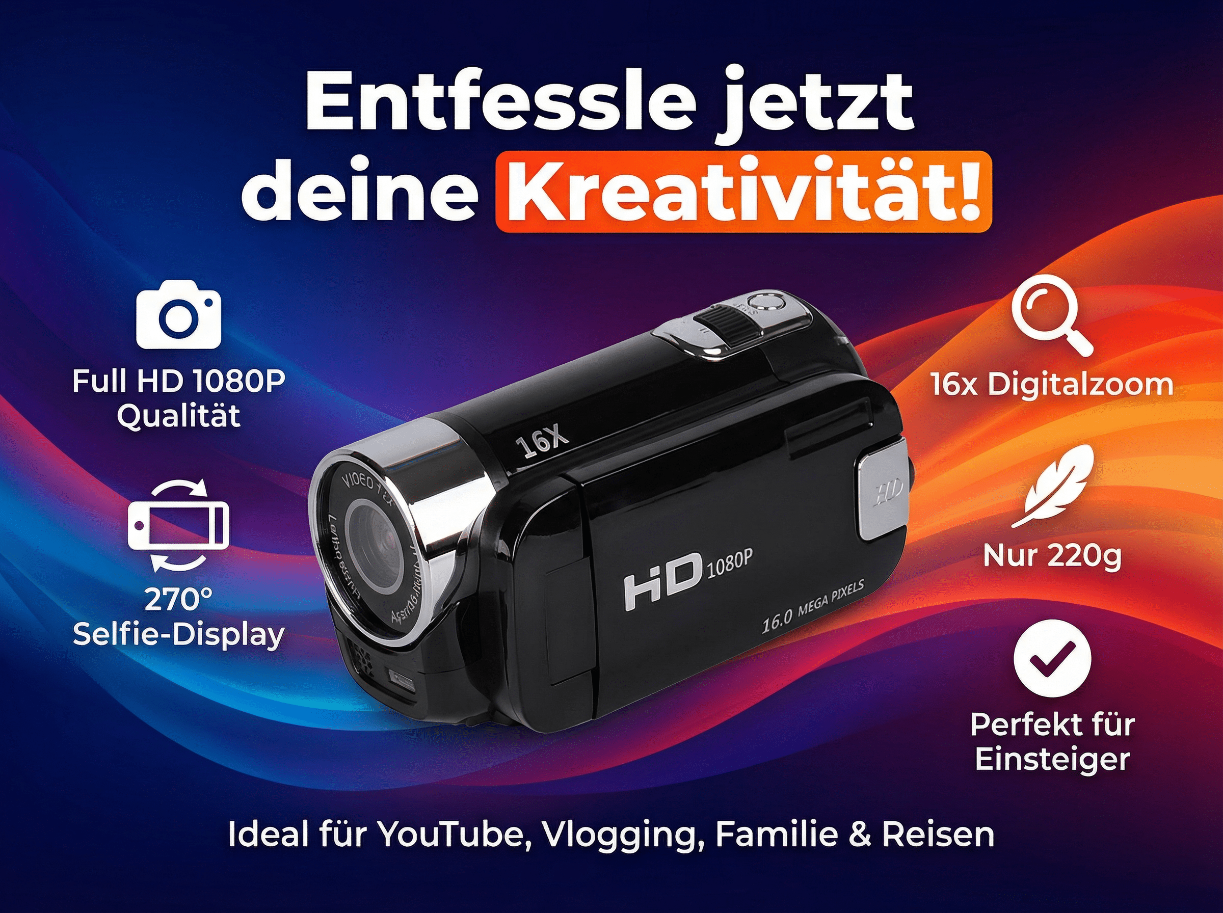 Kamera mit Full HD, 16x Zoom, 270° Selfie-Display, 220g. Ideal für Vlogging.